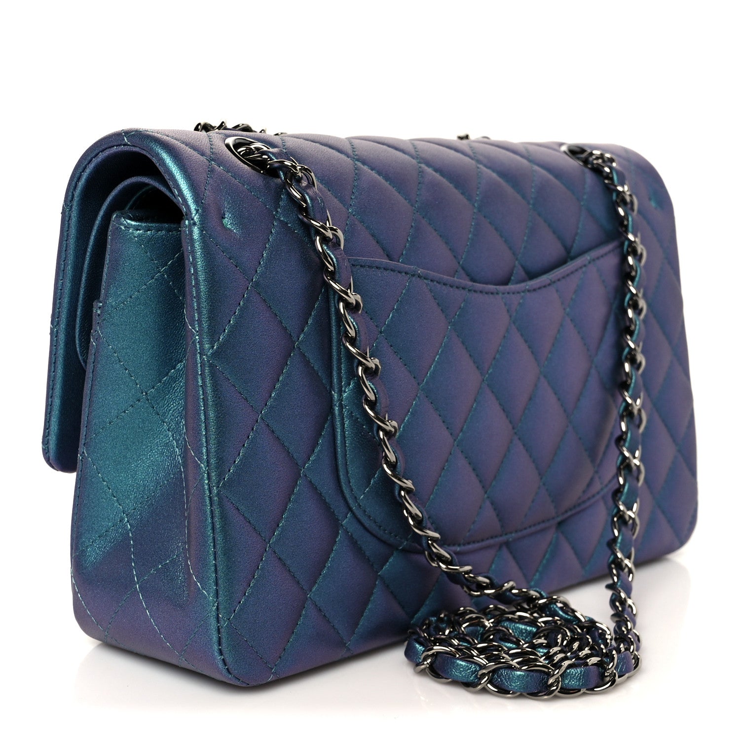 Metallic Lambskin Quilted Medium Double Flap Turquoise