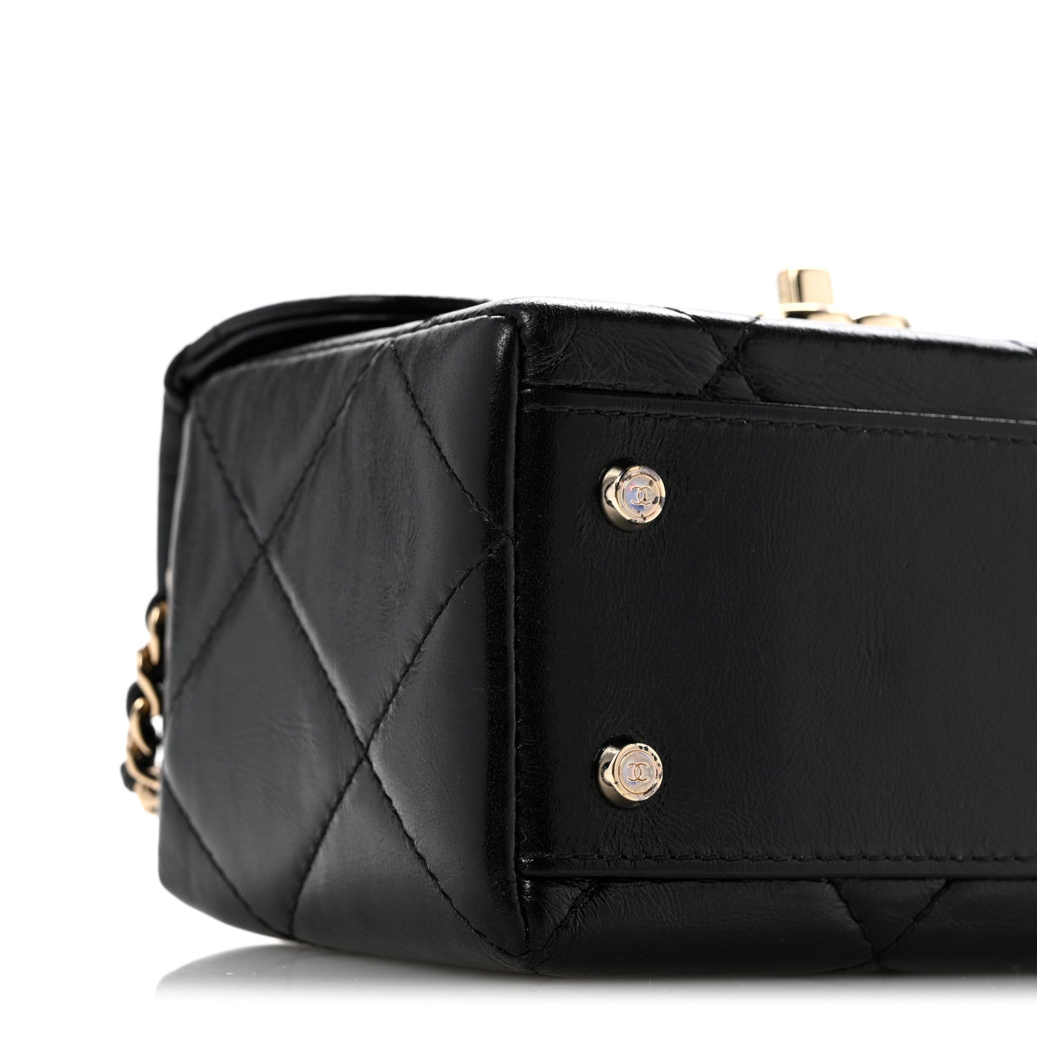 Shiny Calfskin Quilted Top Handle Box Bag Black