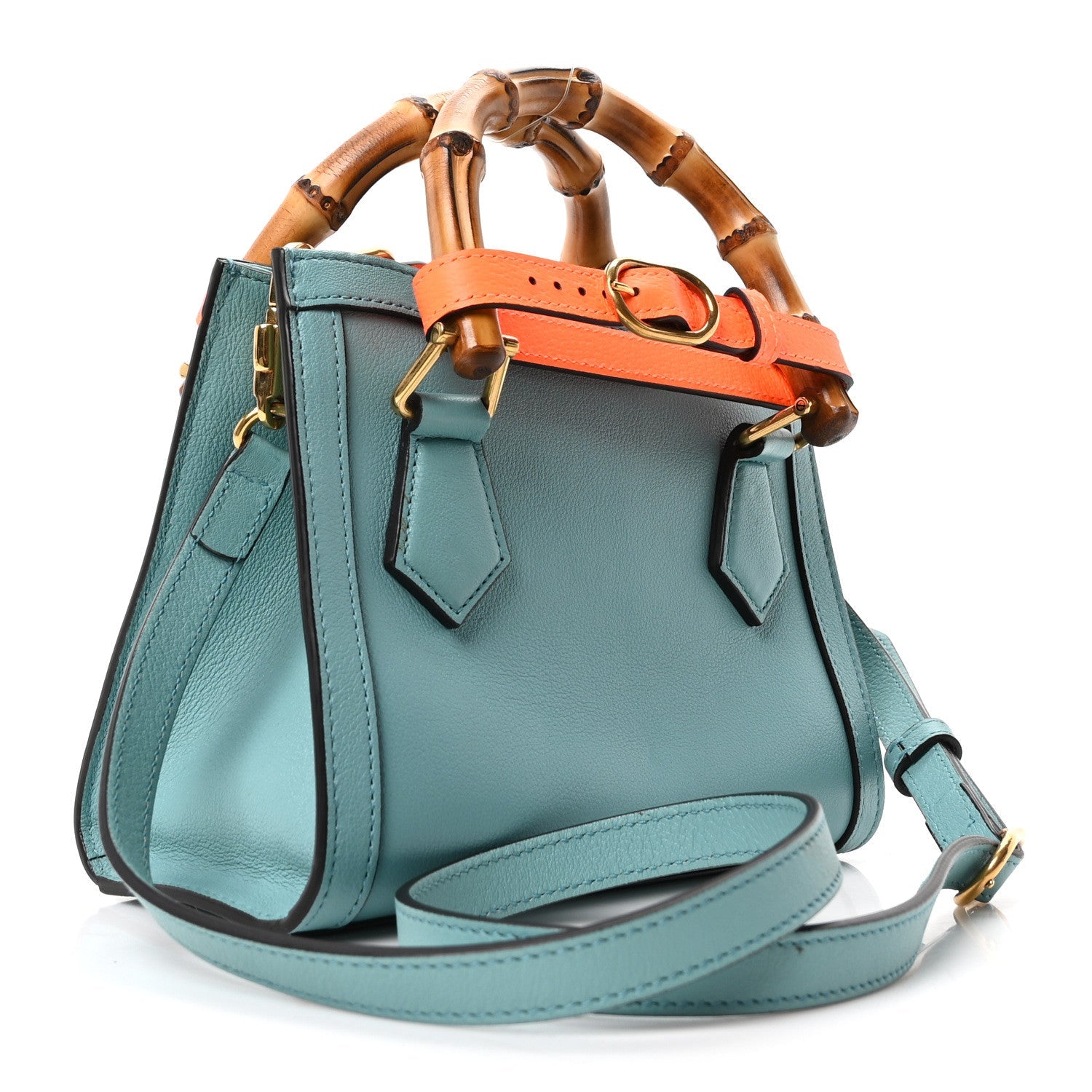 Textured Dollar Calfskin Web Mini Diana Tote Bag Dusty Azure Deep Orange