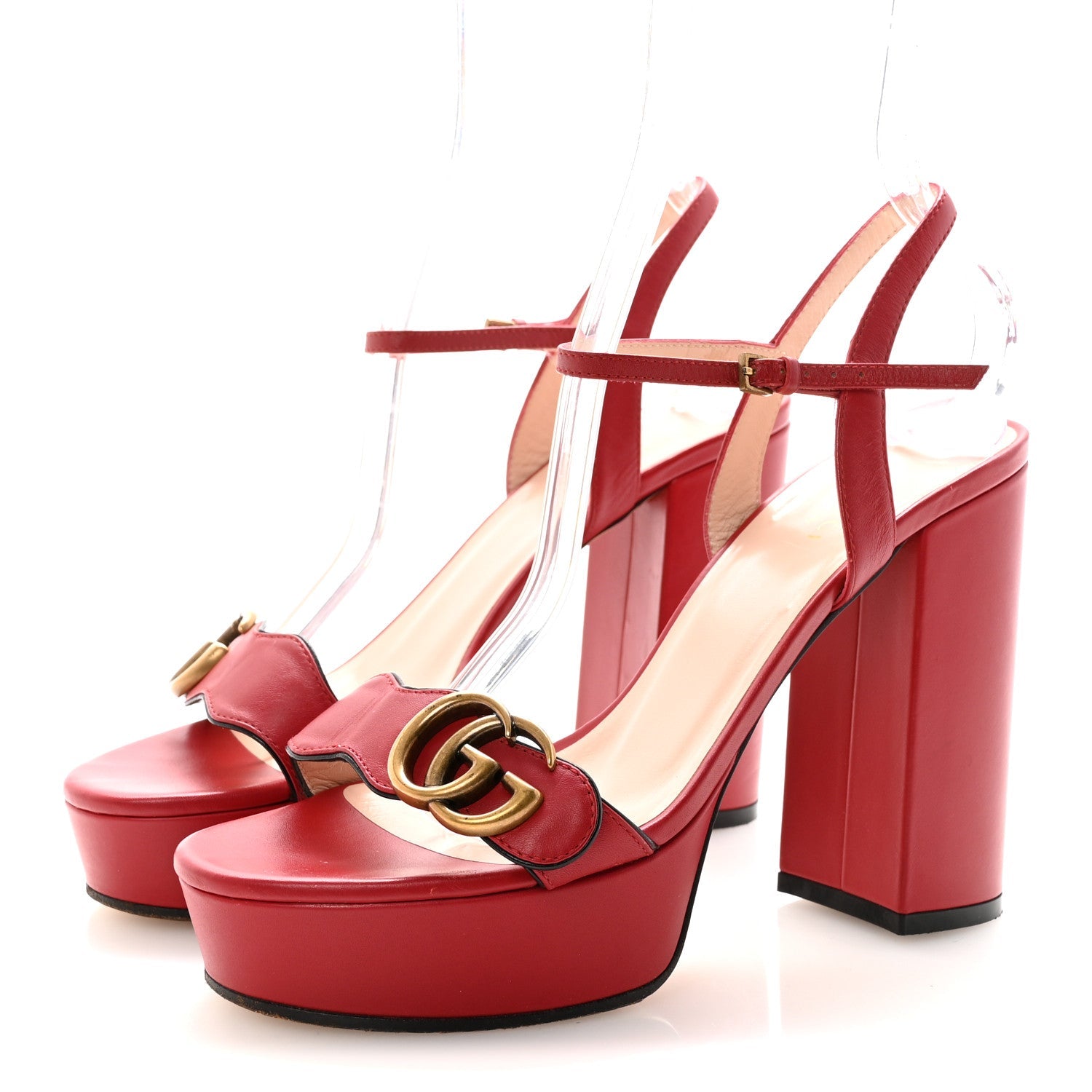 Calfskin GG Marmont Ankle Wrap 30/115mm Platform Sandals 38 Hibiscus Red