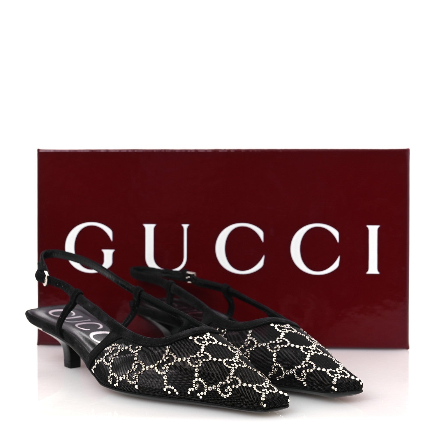 Tela Retino Kid Scamosciato Crystal GG Monogram Square G 35mm Slingback Pumps 38.5 Black