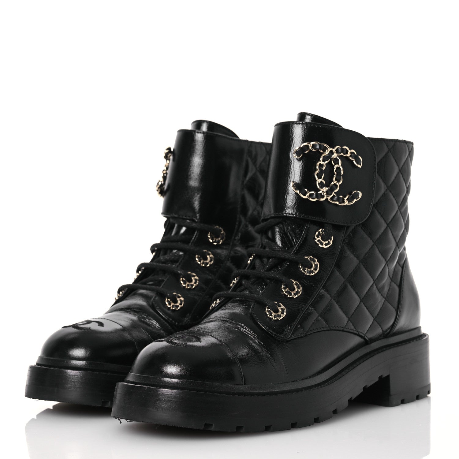 Shiny Calfskin Quilted Lace Up Combat Boots 37 Black