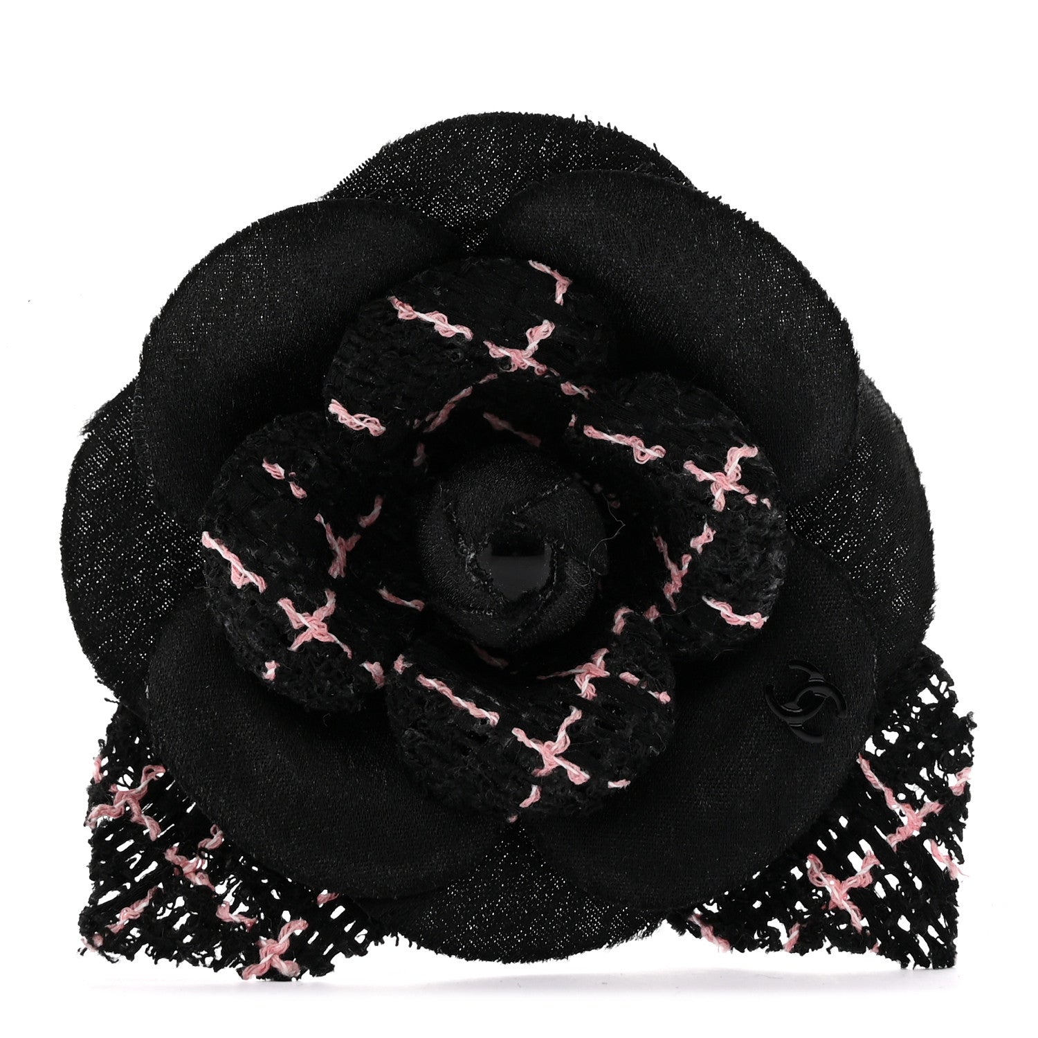 Tweed Camellia Pin Brooch Black Pink