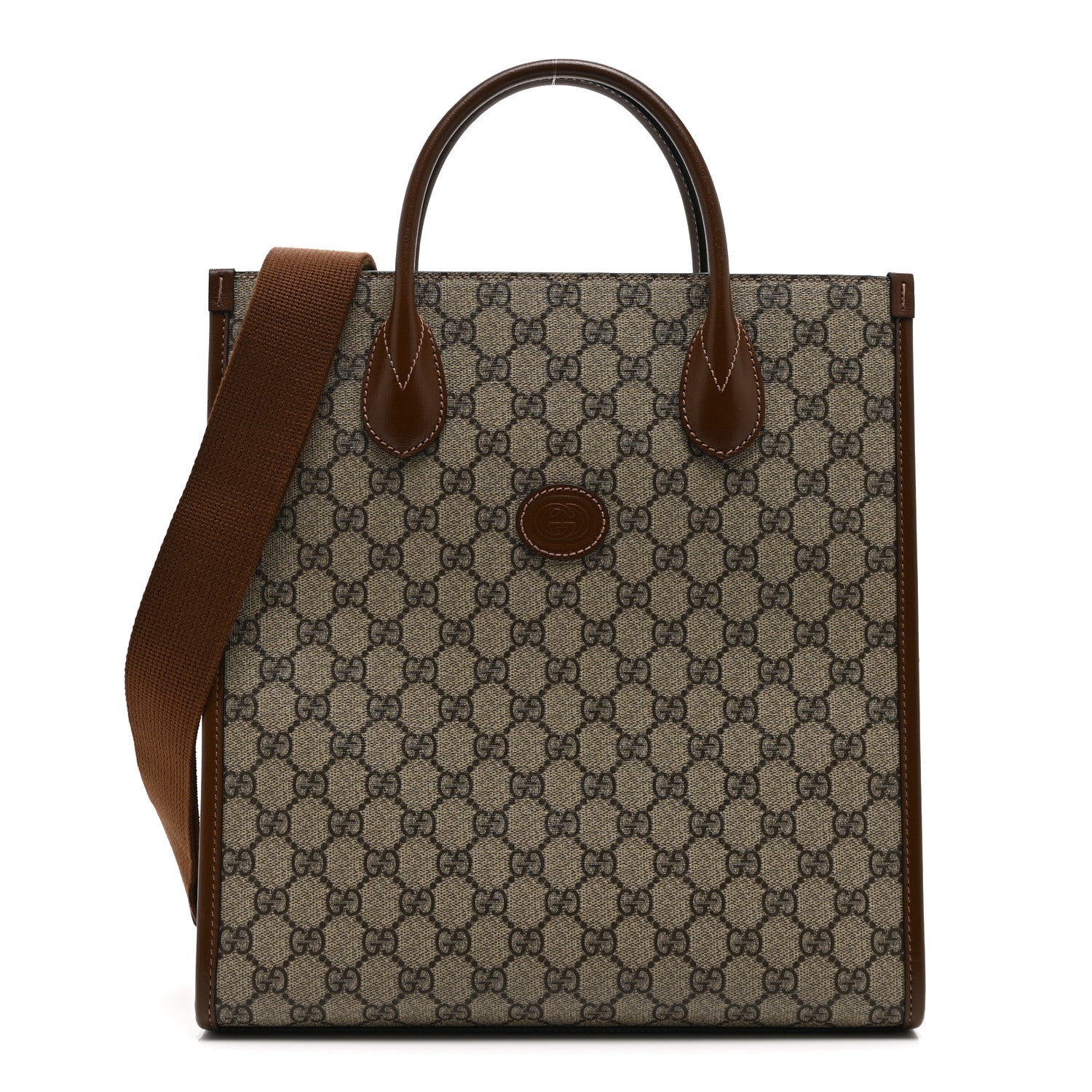 GG Supreme Monogram Textured Dollar Calfskin Web Small Retro Interlocking G Vertical Tote Bag Beige Ebony Brown Sugar