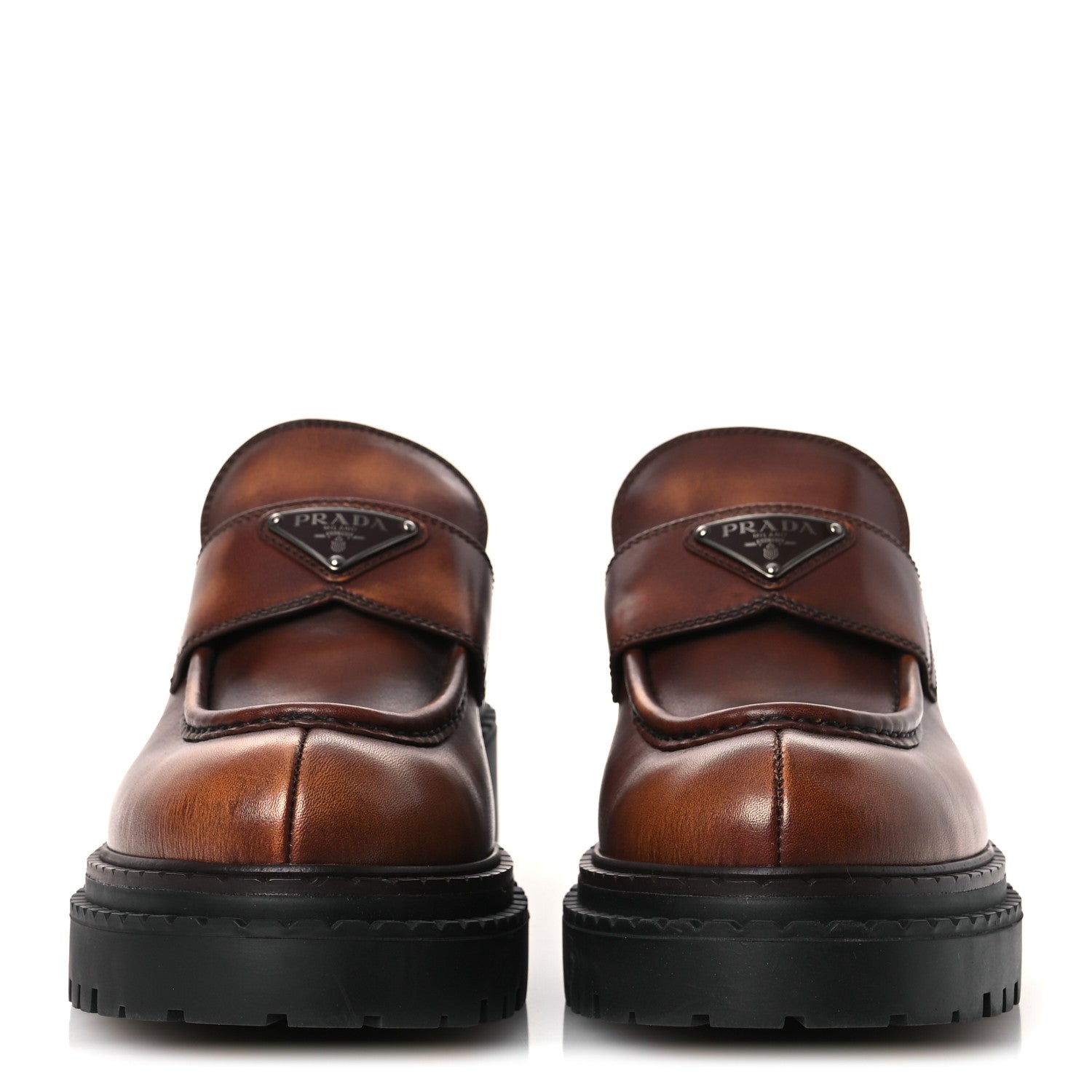 Vitello Fume Metal Triangle Logo 50mm Loafers 40.5 Cognac