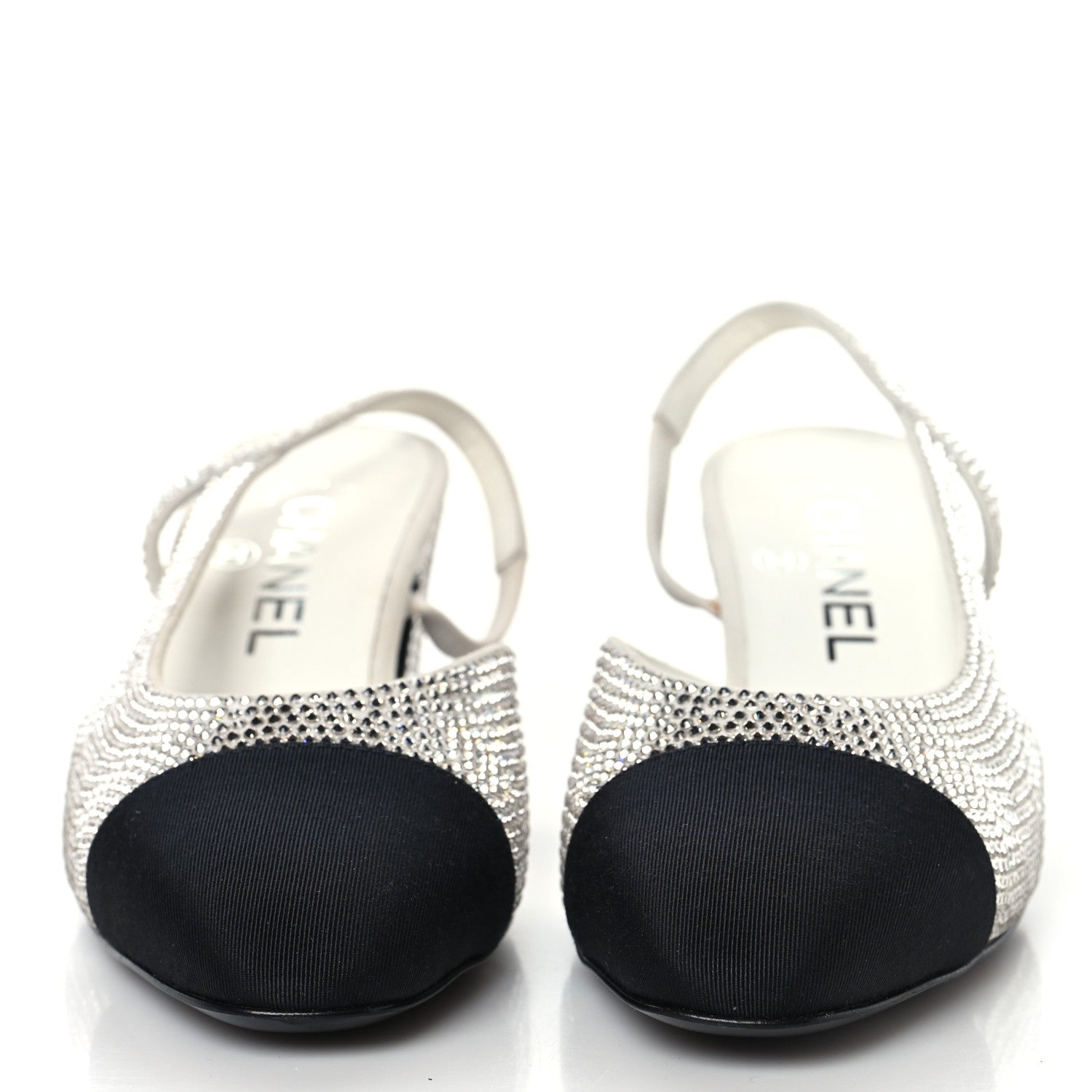 Strass Grosgrain Cap Toe CC Slingback Pumps 36 Silver Black