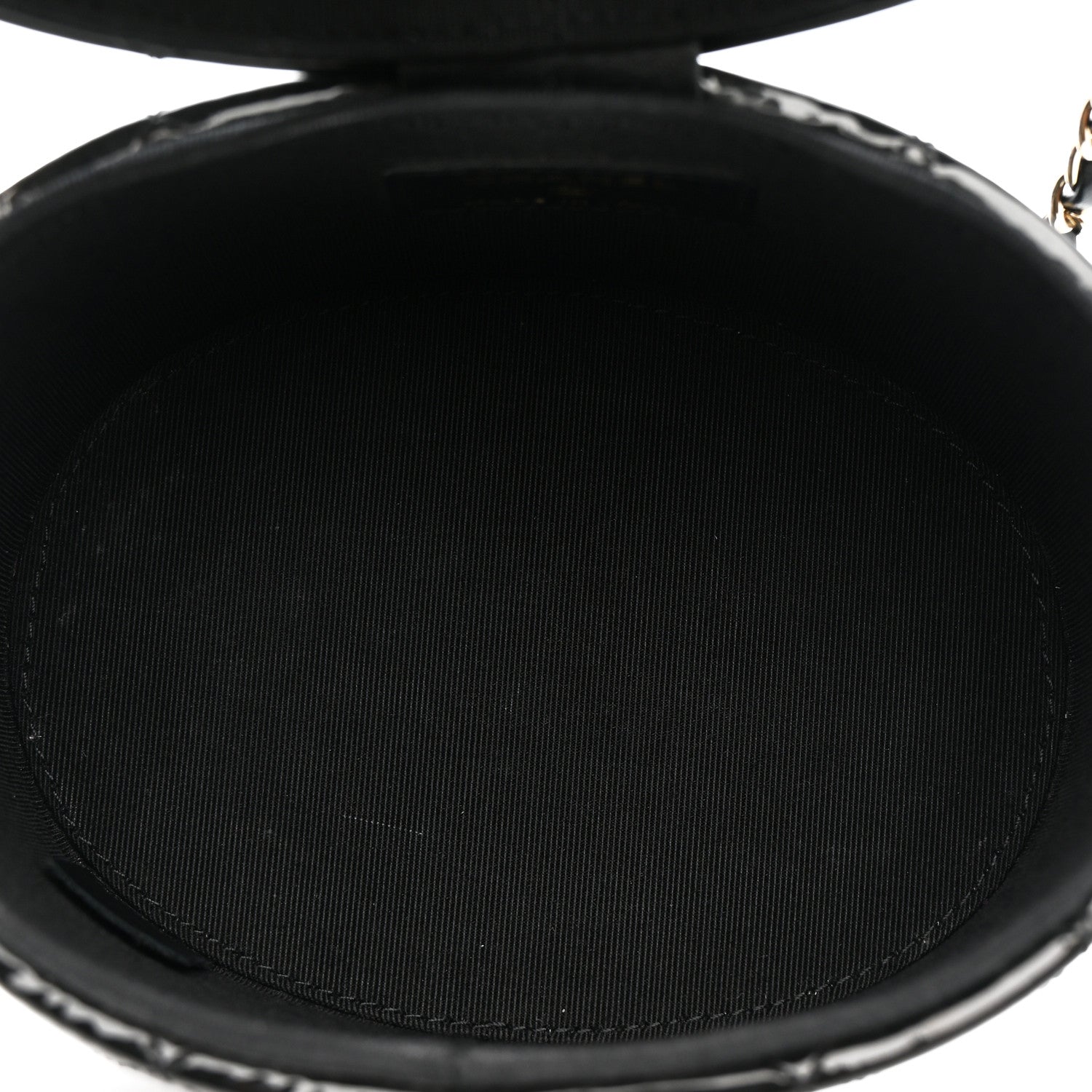 Patent Quilted Round Clutch With Chain Black