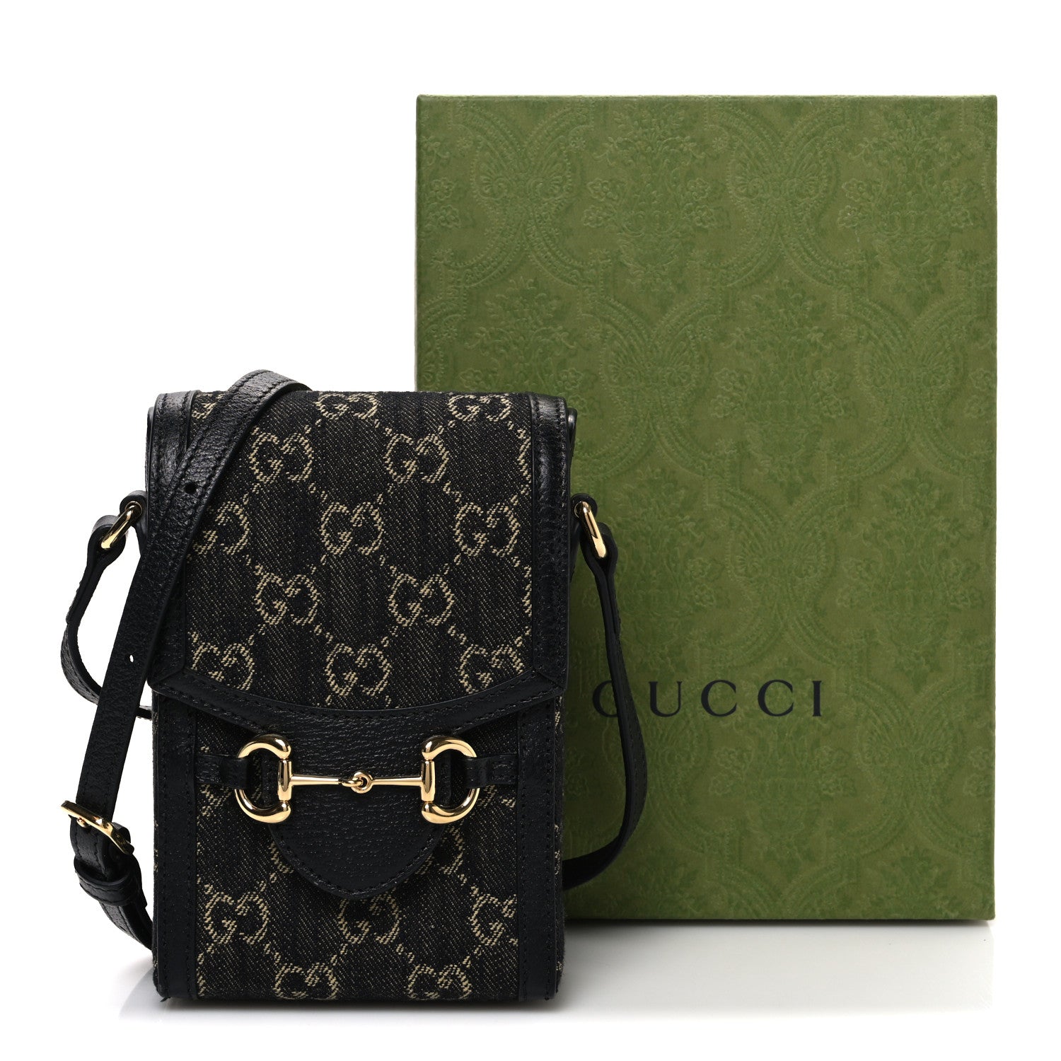 Jacquard Black Denim GG Monogram Textured Dollar Calfskin Mini Horsebit 1955 Crossbody Bag Black Ivory