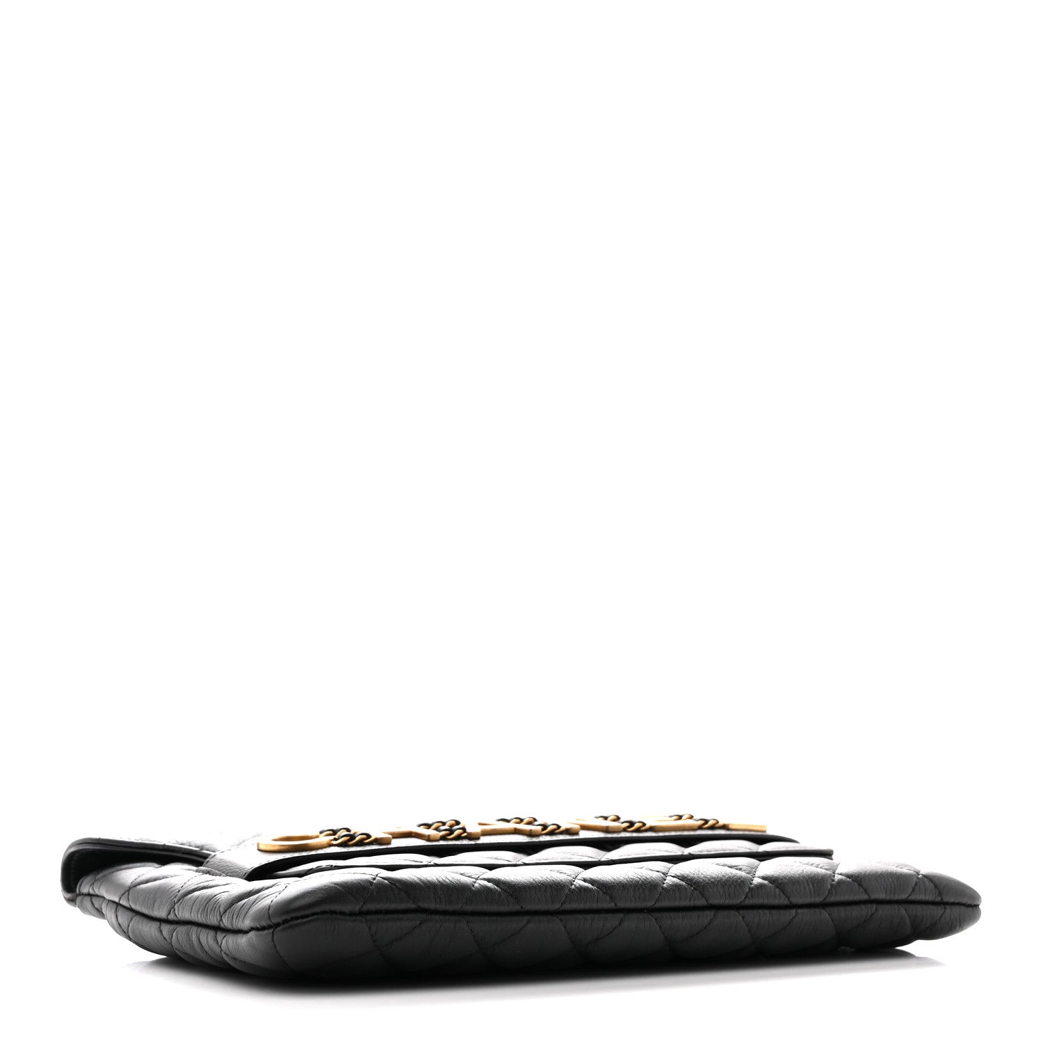 Calfskin Quilted Front Logo Enchained Clutch Black