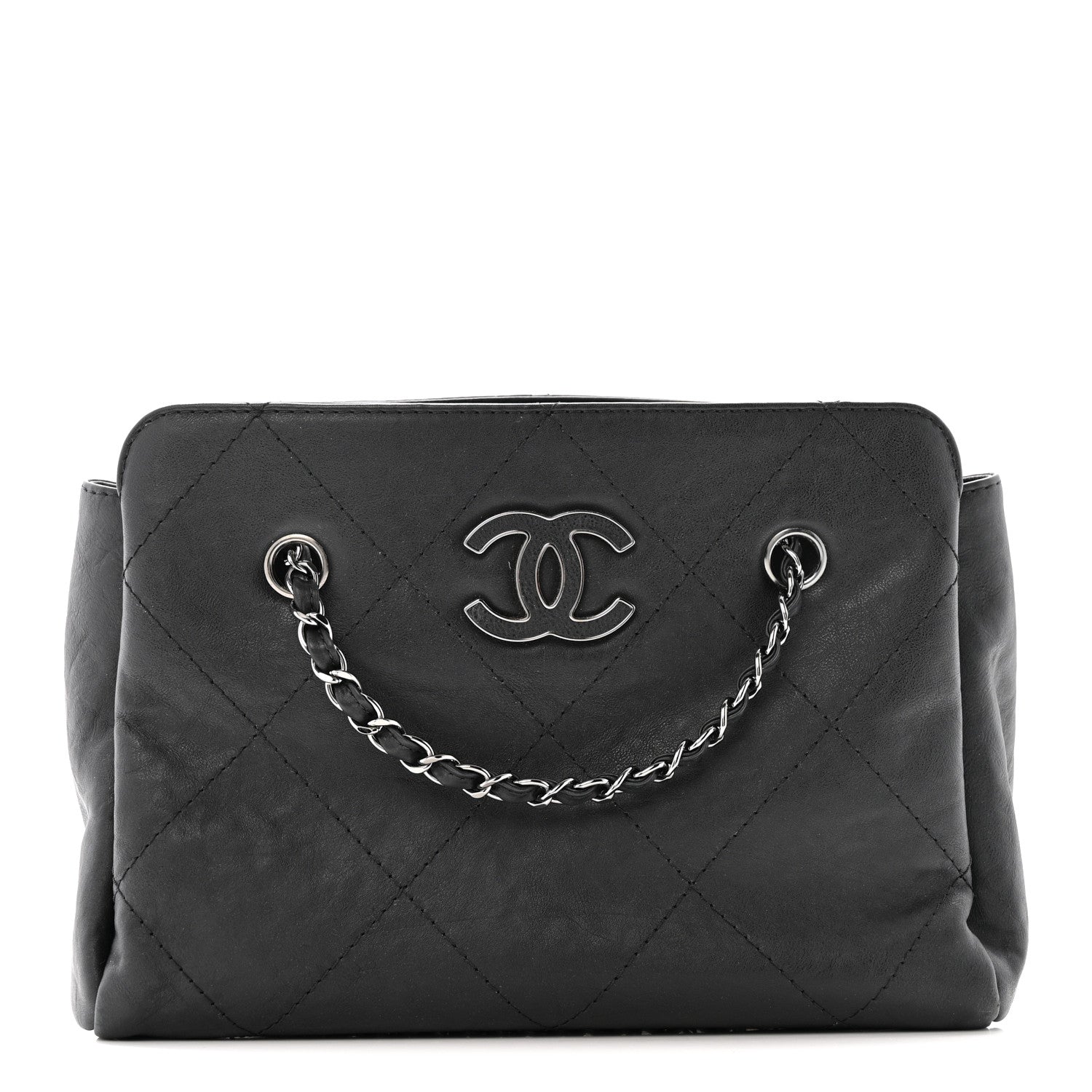 Washed Calfskin Diamond Stitch Hamptons Shopping Tote Black