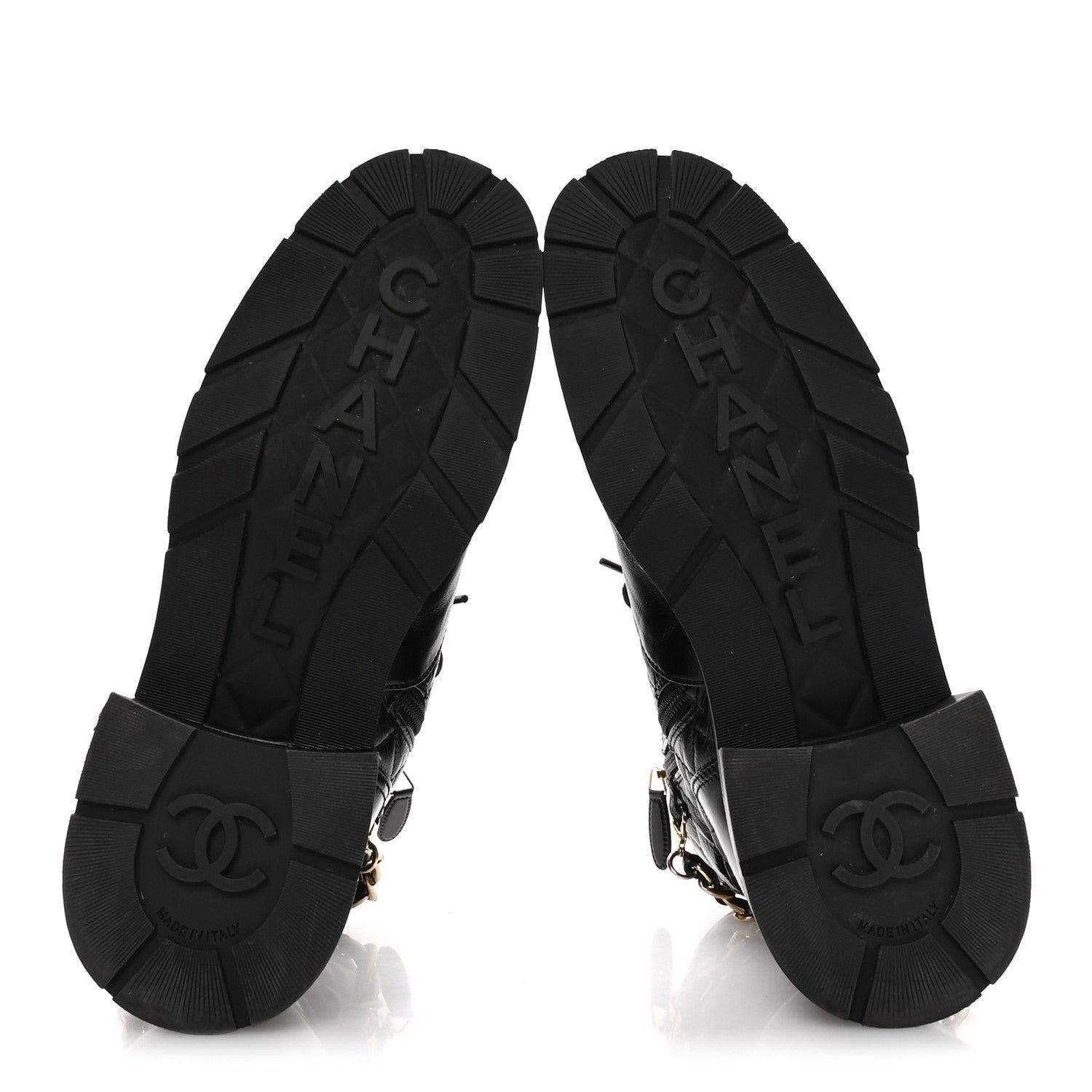 Shiny Calfskin Patent Quilted Chain Lace Up Combat Boots 40.5 Black