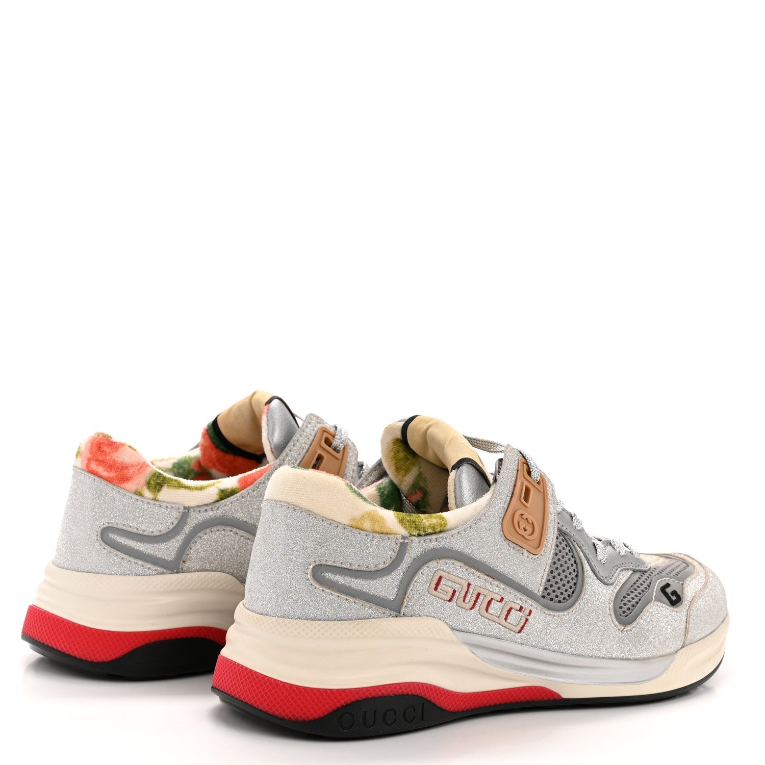 Metallic Calfskin Glitter Mesh Womens Ultrapace Sneakers 36 Silver Light Grey Mystic White