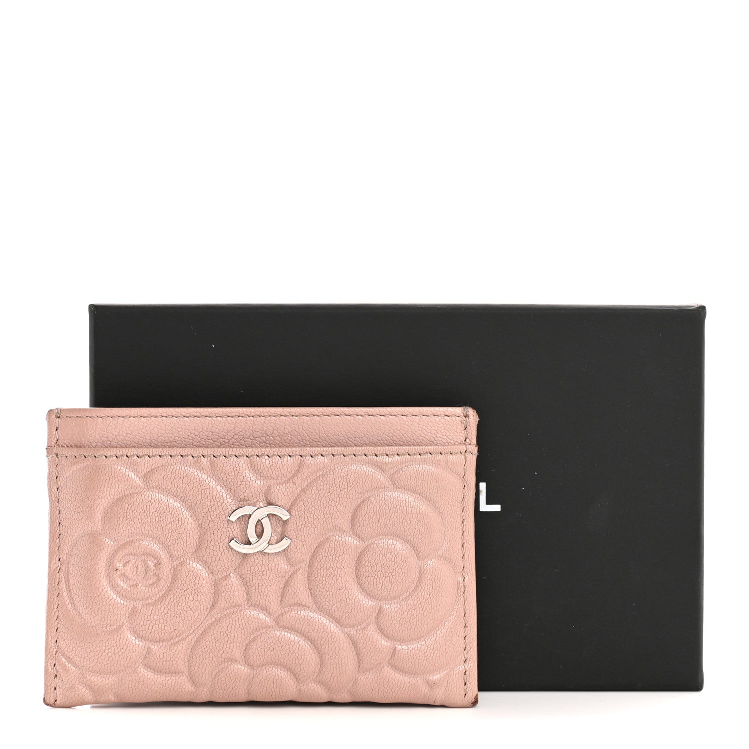 Goatskin Camellia Embossed Card Holder Light Pink