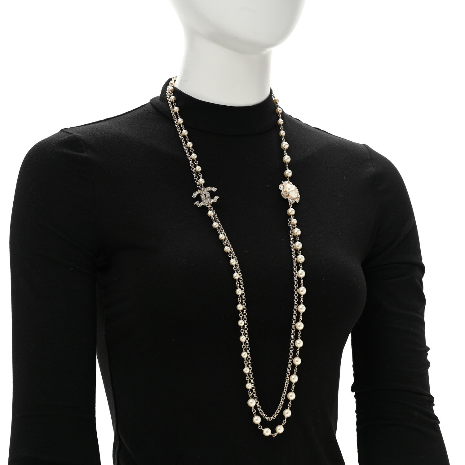 Pearl Crystal CC Camellia Express Long Necklace Gold