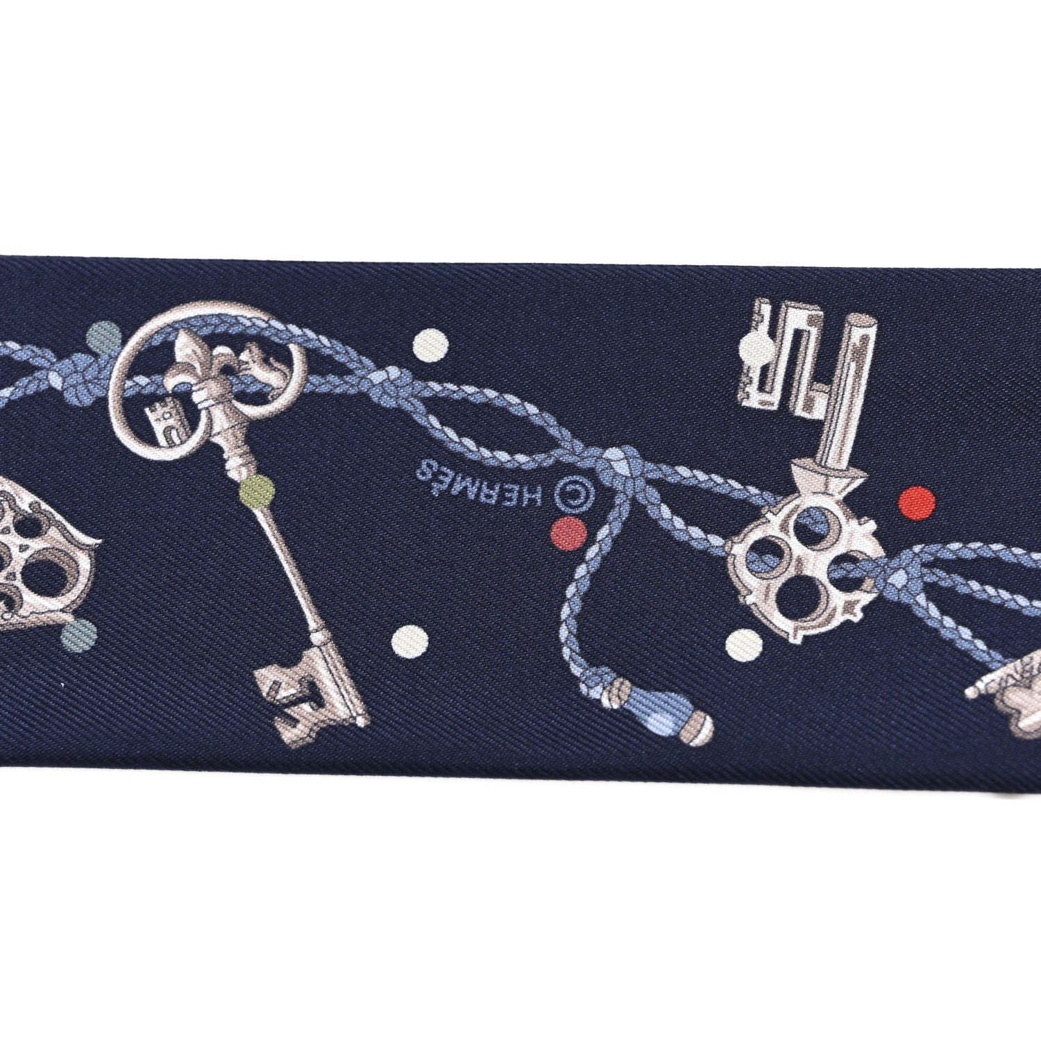 Silk Calfskin Les Cles A Pois Fringed Twilly Bleu Marine Gris Argent Multicolor