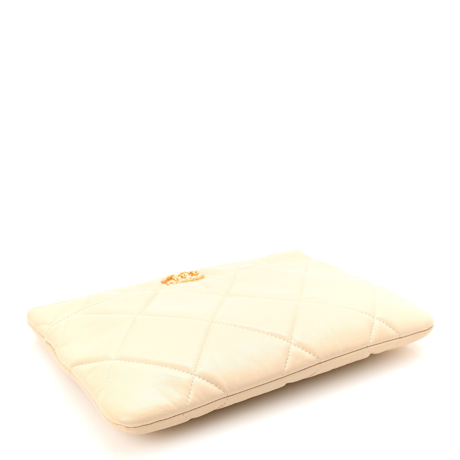 Shiny Goatskin Quilted Chanel 19 Pouch Beige