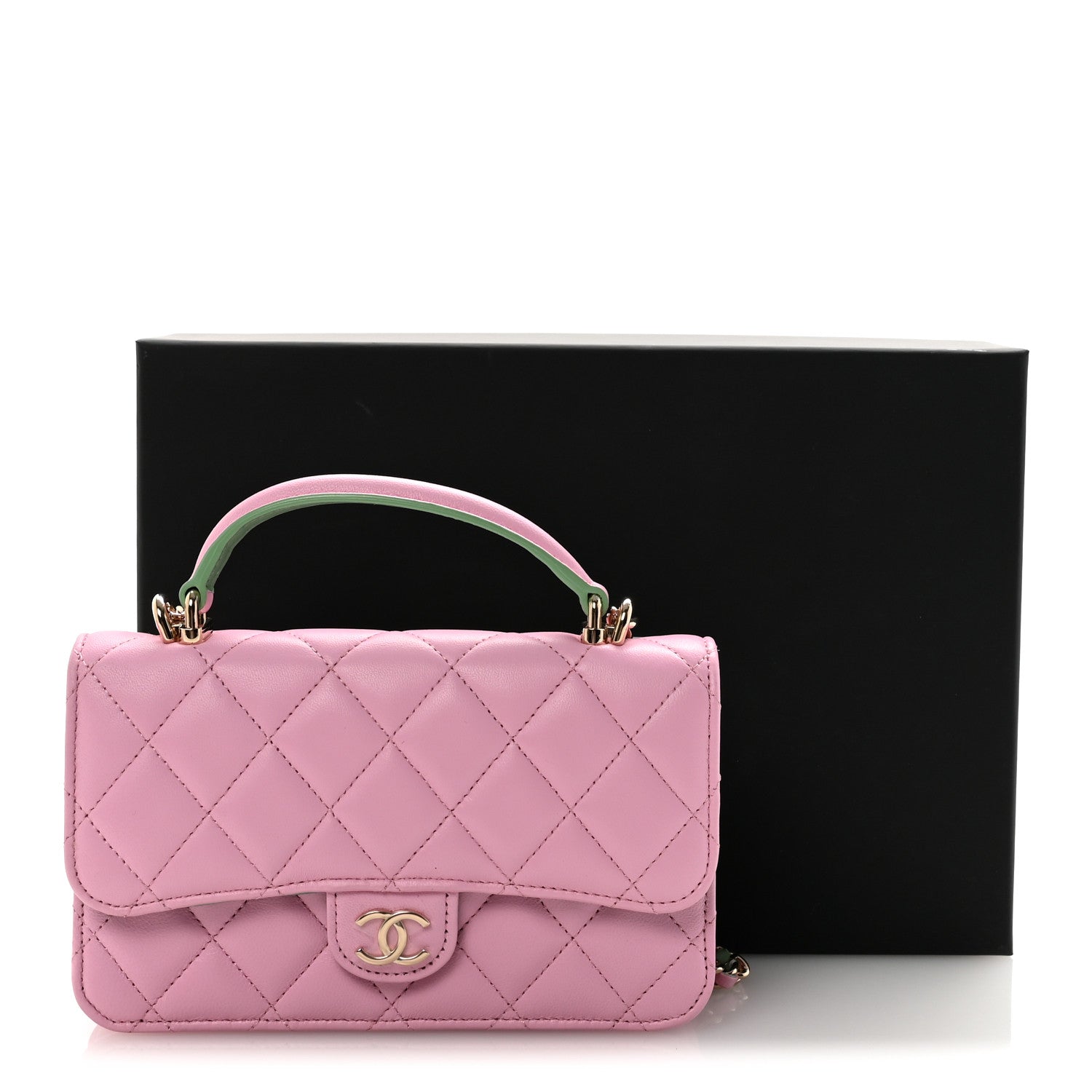 Lambskin Quilted Flap Phone Holder With Chain Lilac Light Green