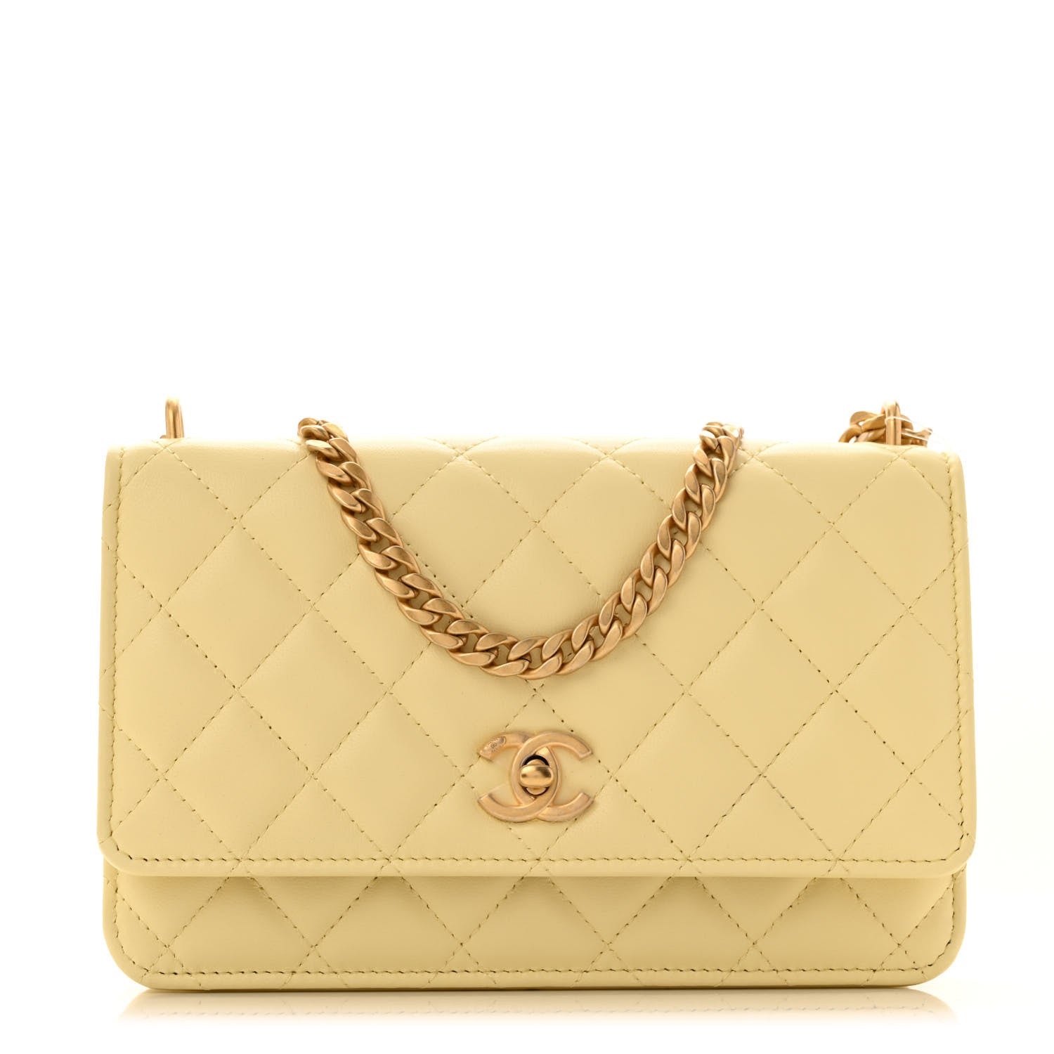 Lambskin Quilted Sweet Camellia Wallet on Chain WOC Light Yellow