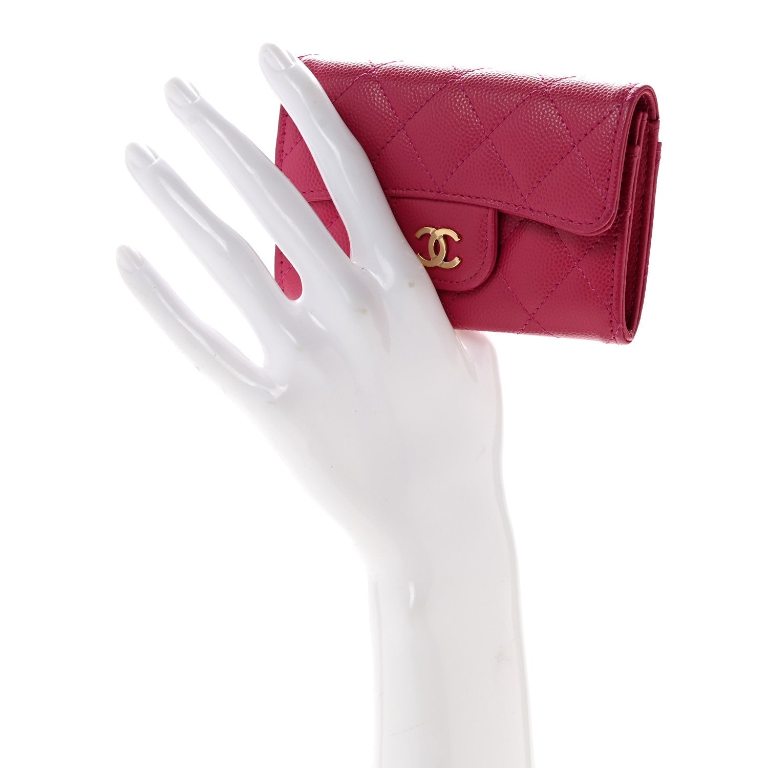 Caviar Quilted Flap Card Holder Wallet Dark Pink