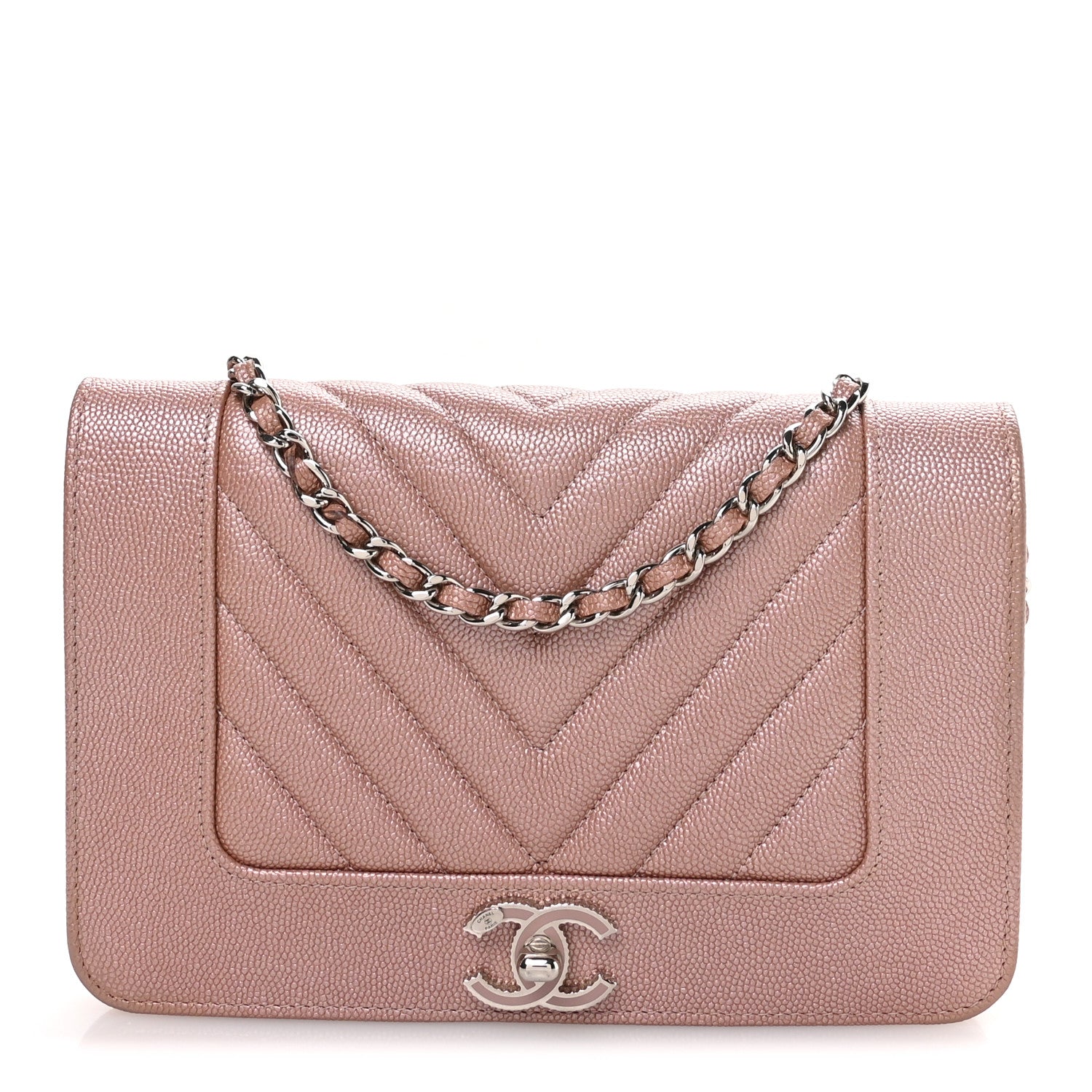 Metallic Caviar Chevron Quilted Vintage Mademoiselle Wallet On Chain WOC Pink