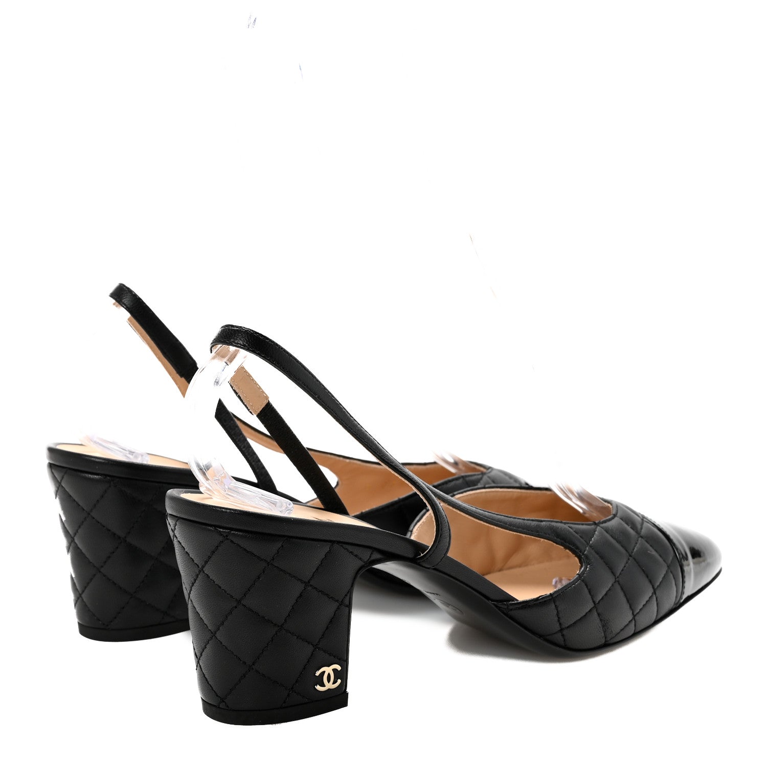 Lambskin Patent Calfskin Quilted Cap Toe CC Slingback Pumps 41 Black