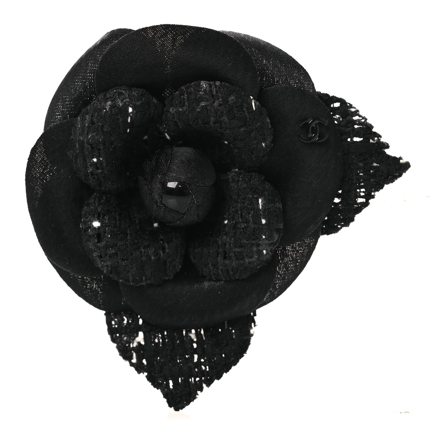 Tweed Camellia Pin Brooch Black
