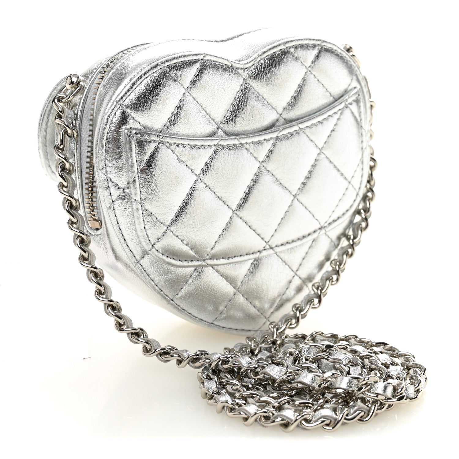Metallic Lambskin Quilted CC In Love Heart Clutch With Chain Silver