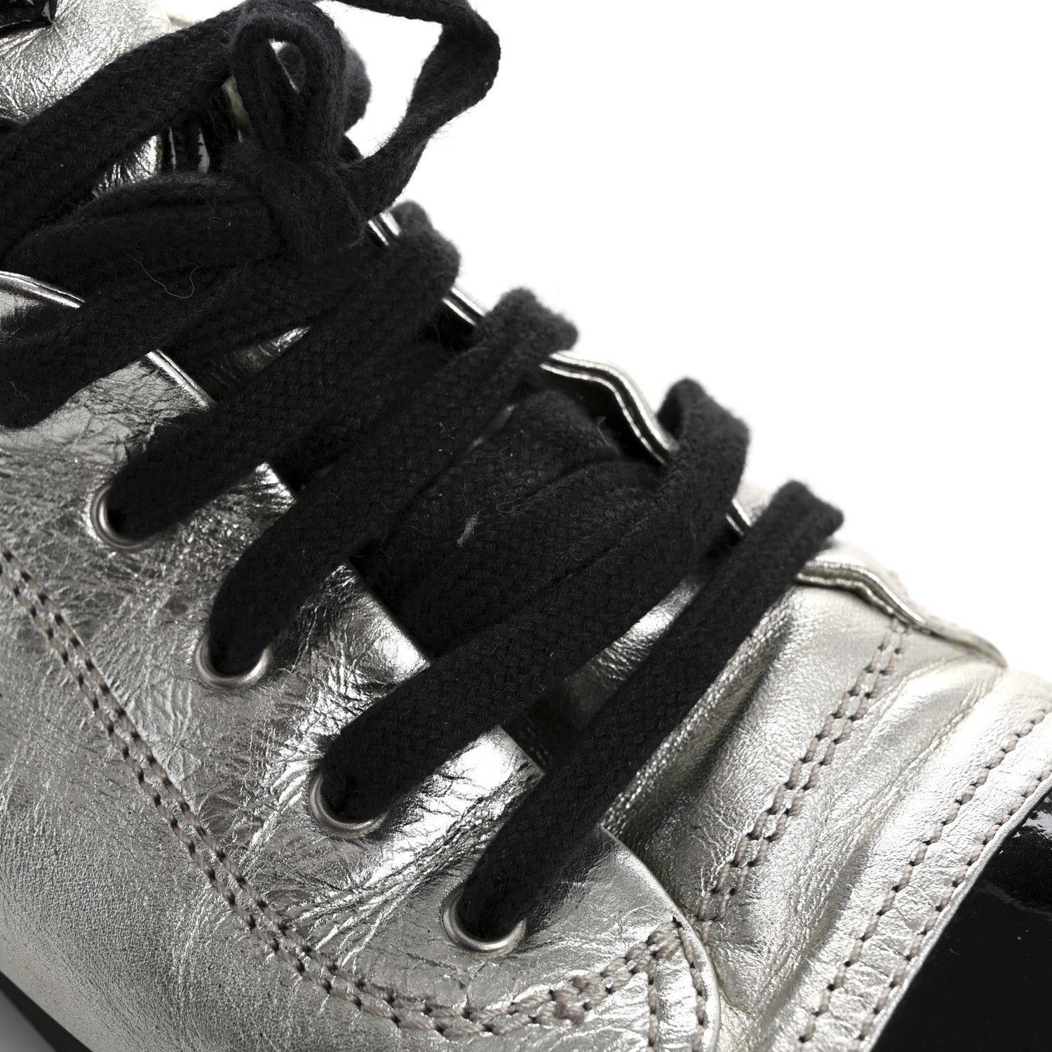 Metallic Lambskin Patent Cap Toe CC Sneakers 38.5 Silver Black