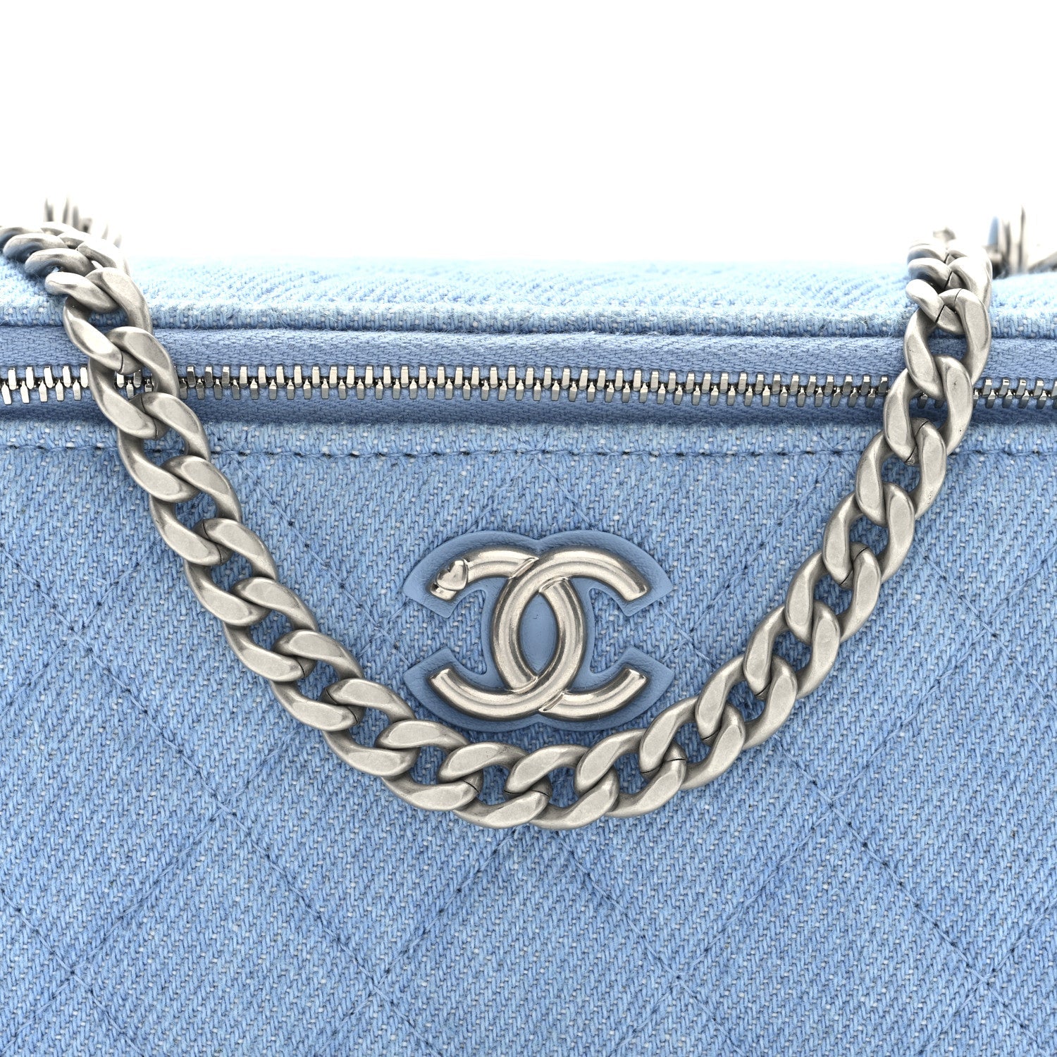 Denim Quilted Sweetheart Small Vanity Case With Chain Blue