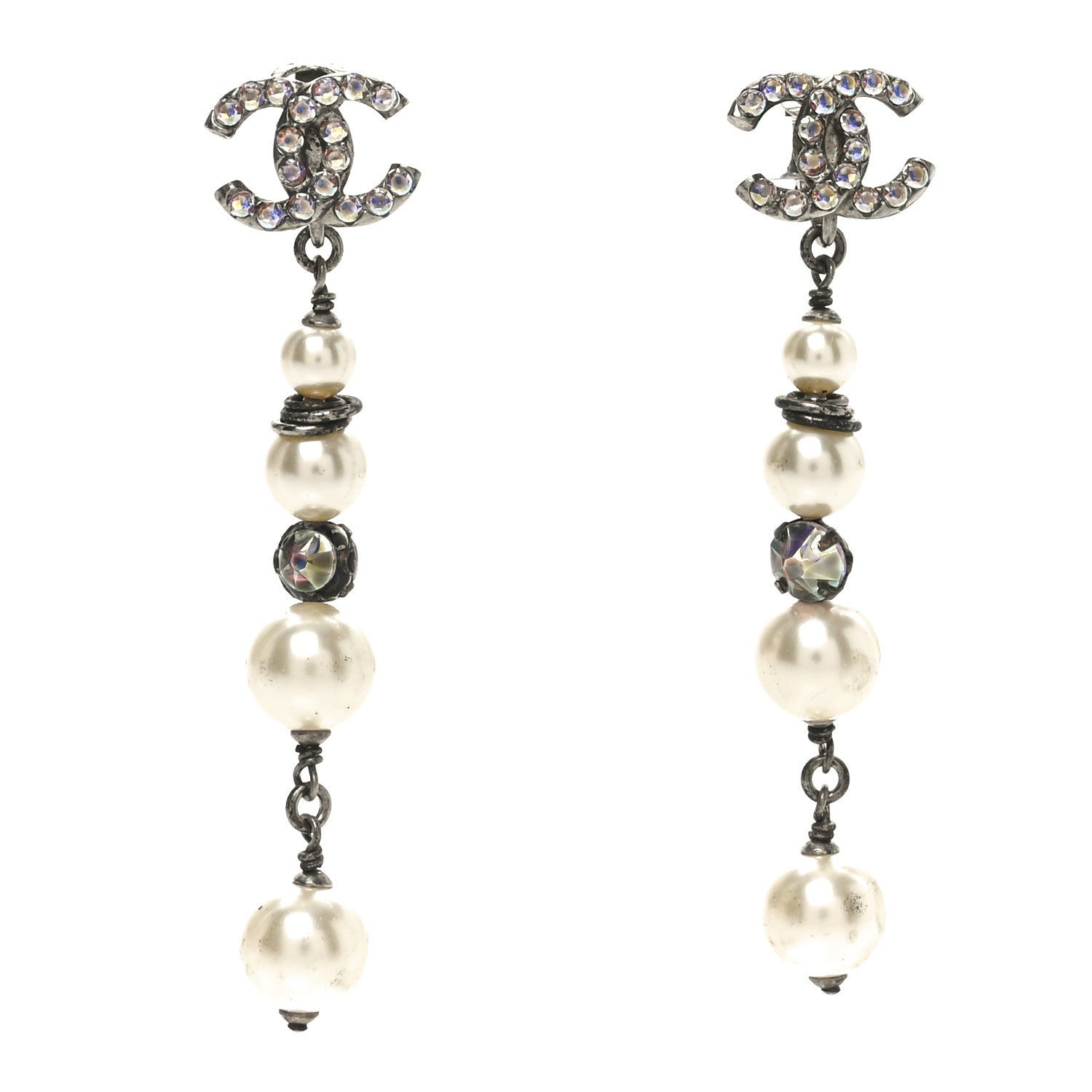 Pearl Crystal CC Chain Drop Earrings Silver