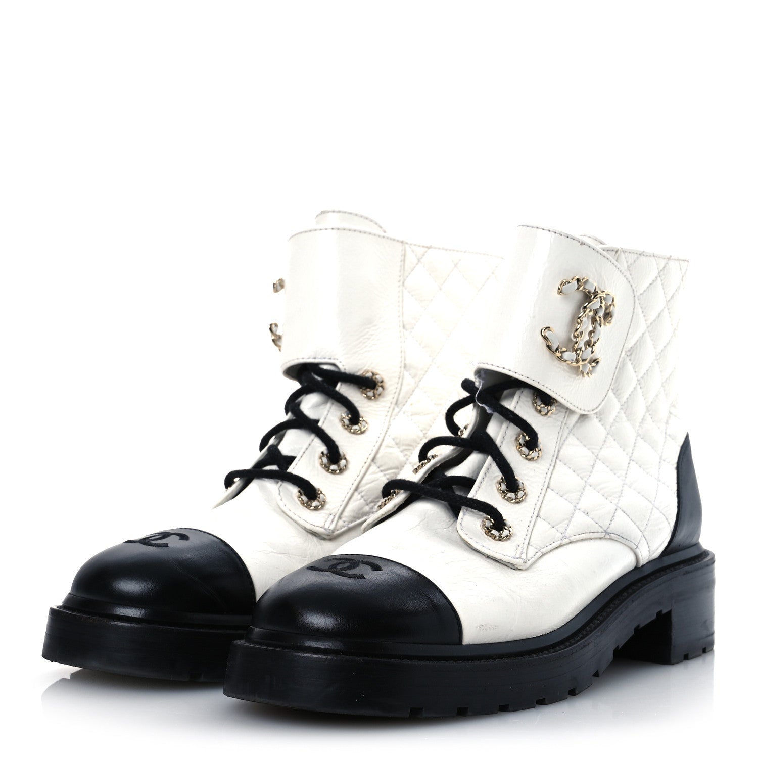 Shiny Goatskin Calfskin Quilted Lace Up Combat Boots 41.5 White Black