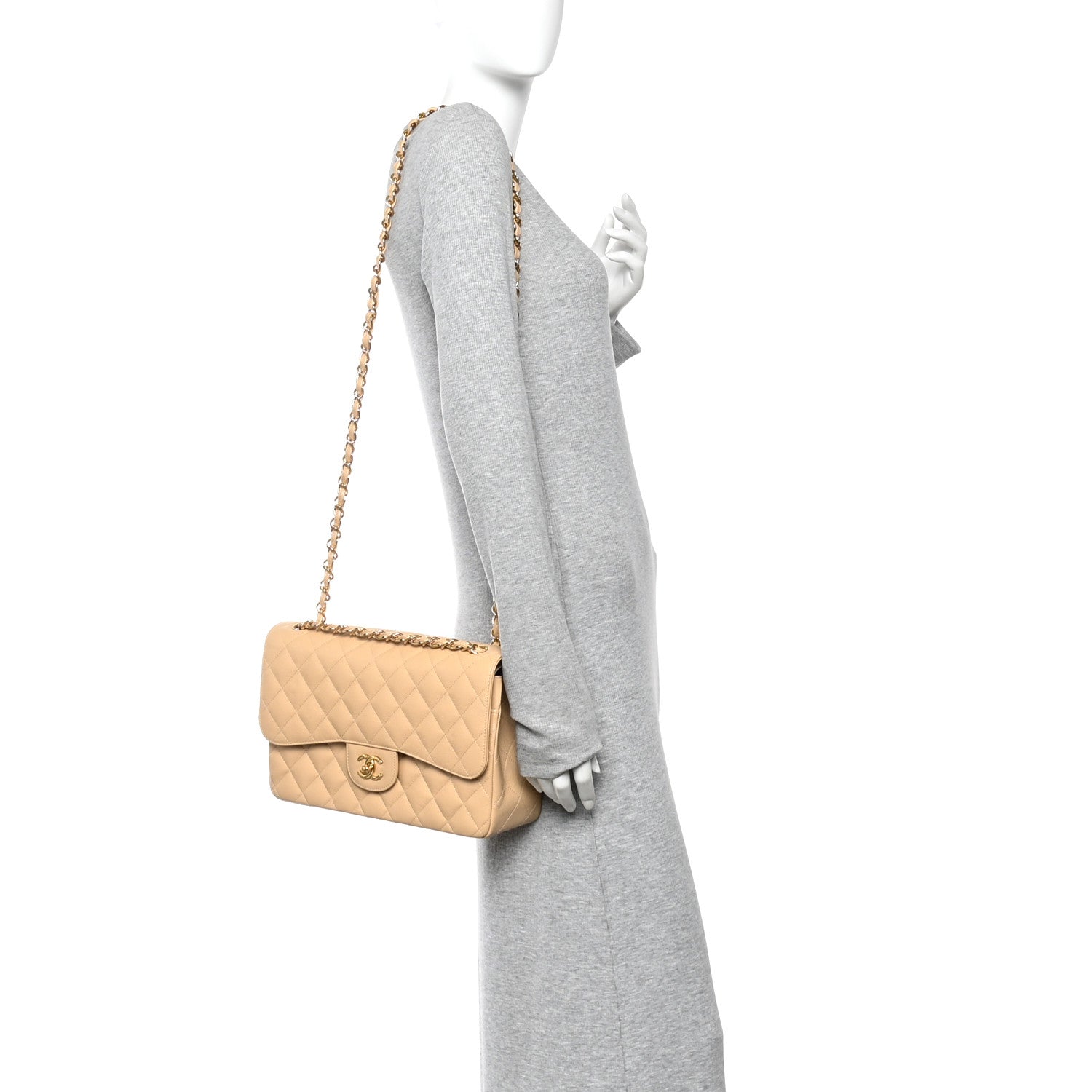 Caviar Quilted Jumbo Double Flap Light Beige