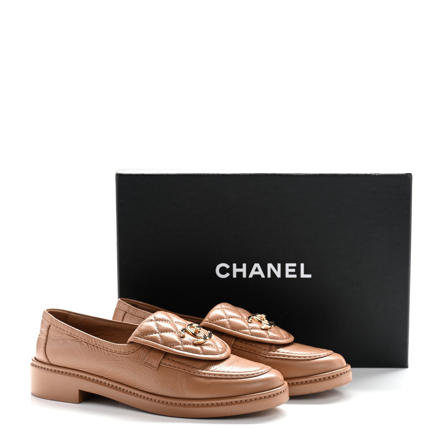 Crumpled Lambskin Quilted CC Turnlock Moccasins 37.5 Dark Beige