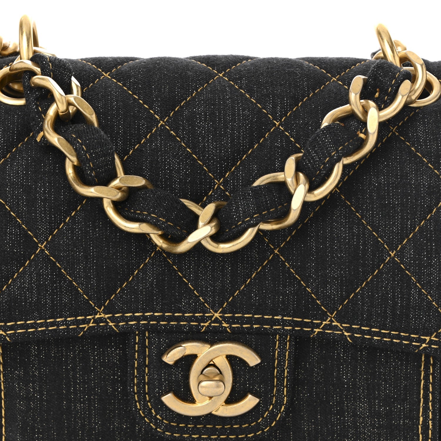 Denim Quilted Double You Mini Flap Black Golden