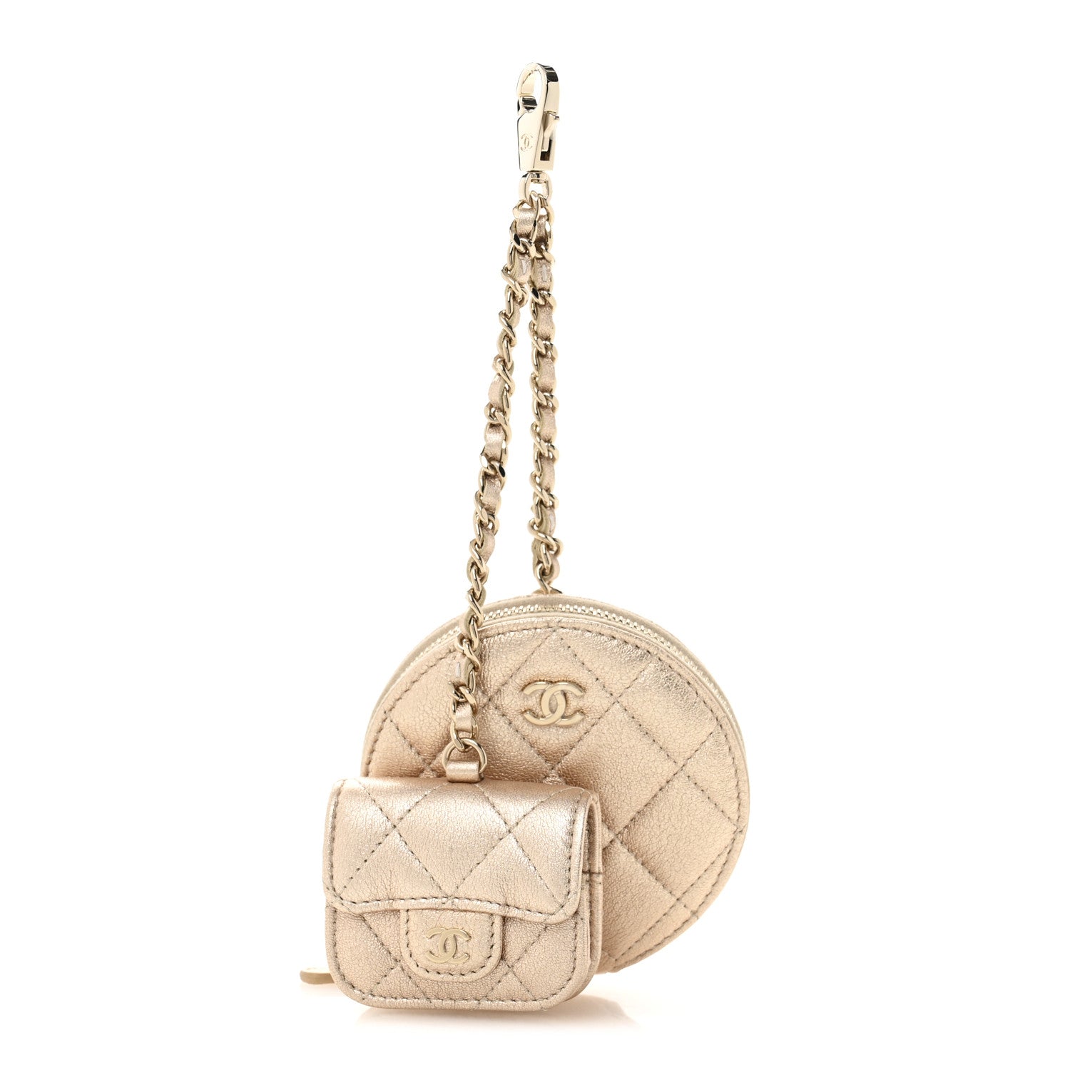 Metallic Lambskin Quilted Round Clip On Coin Purse Airpods Case Gold