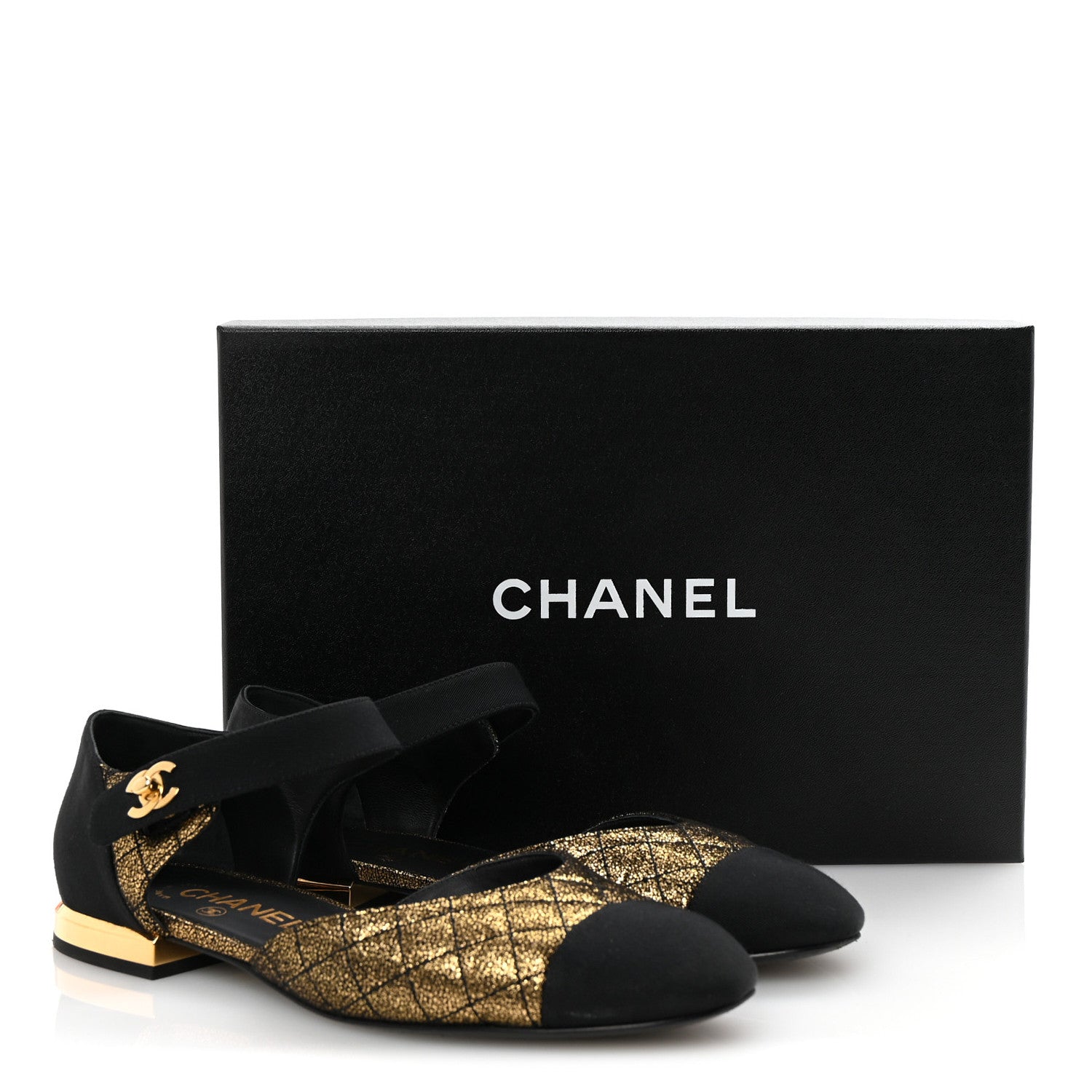Laminated Suede Kidskin Grosgrain Quilted Cap Toe Ballerina Flats 37.5 Gold Black