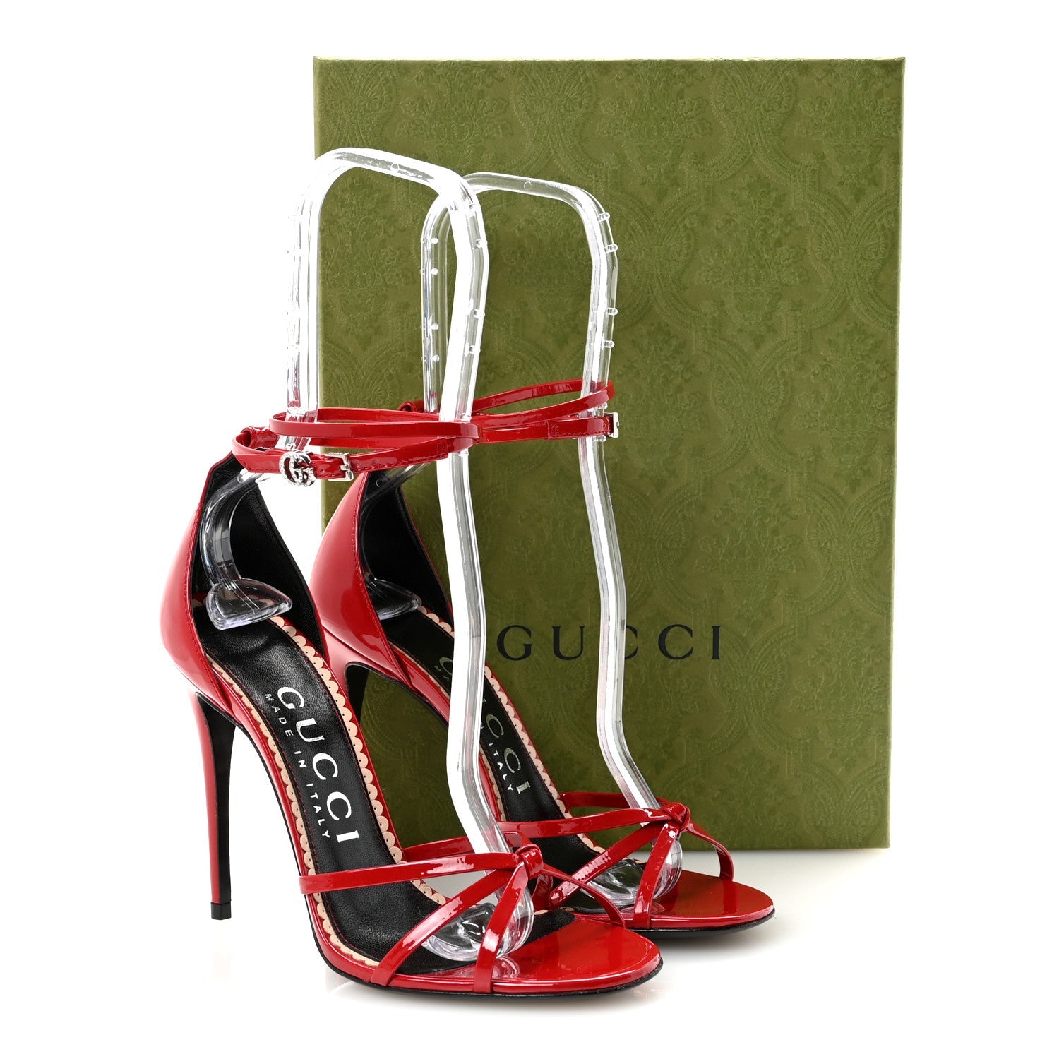 Patent Crystal Double G Ankle Wrap Sandals 37 Red