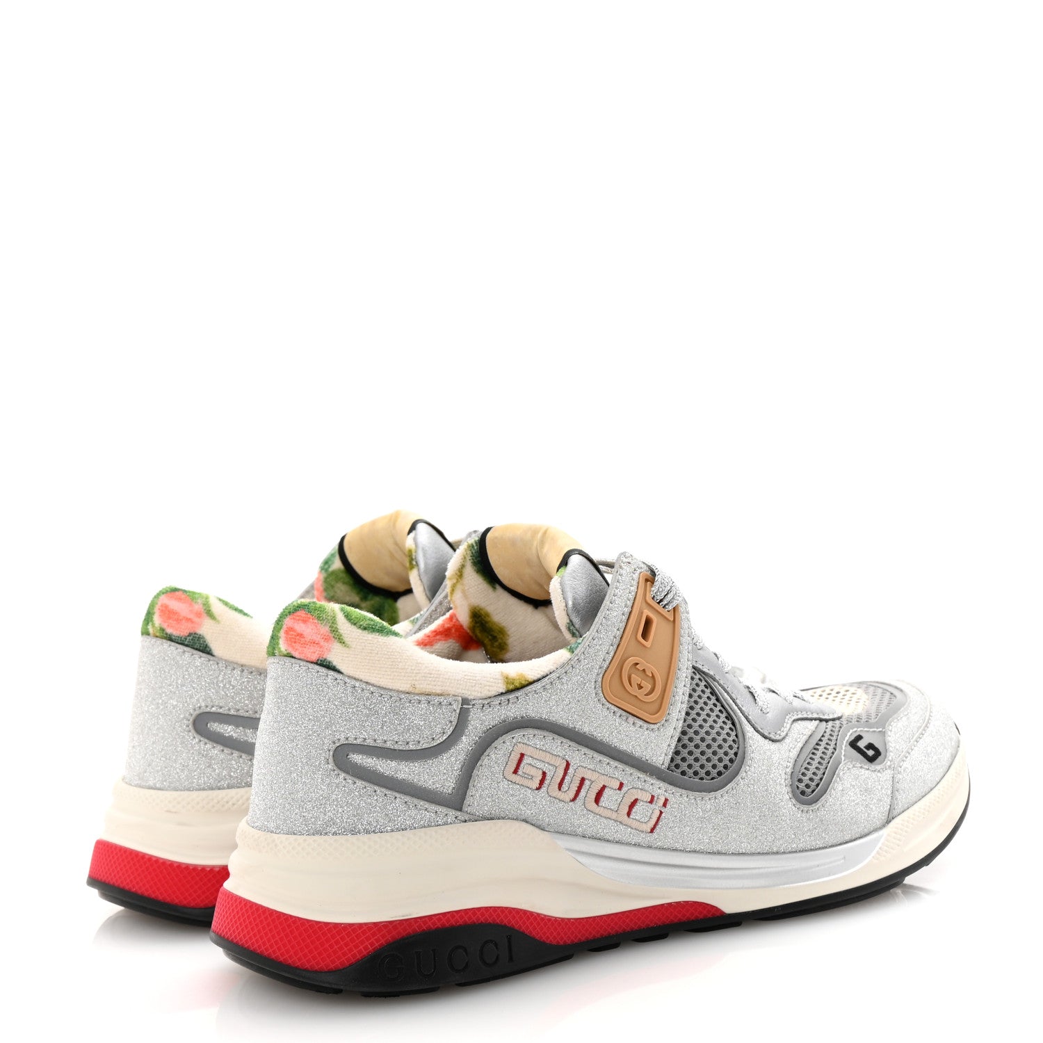 Metallic Calfskin Glitter Mesh Womens Ultrapace Sneakers 38 Silver Light Grey Mystic White