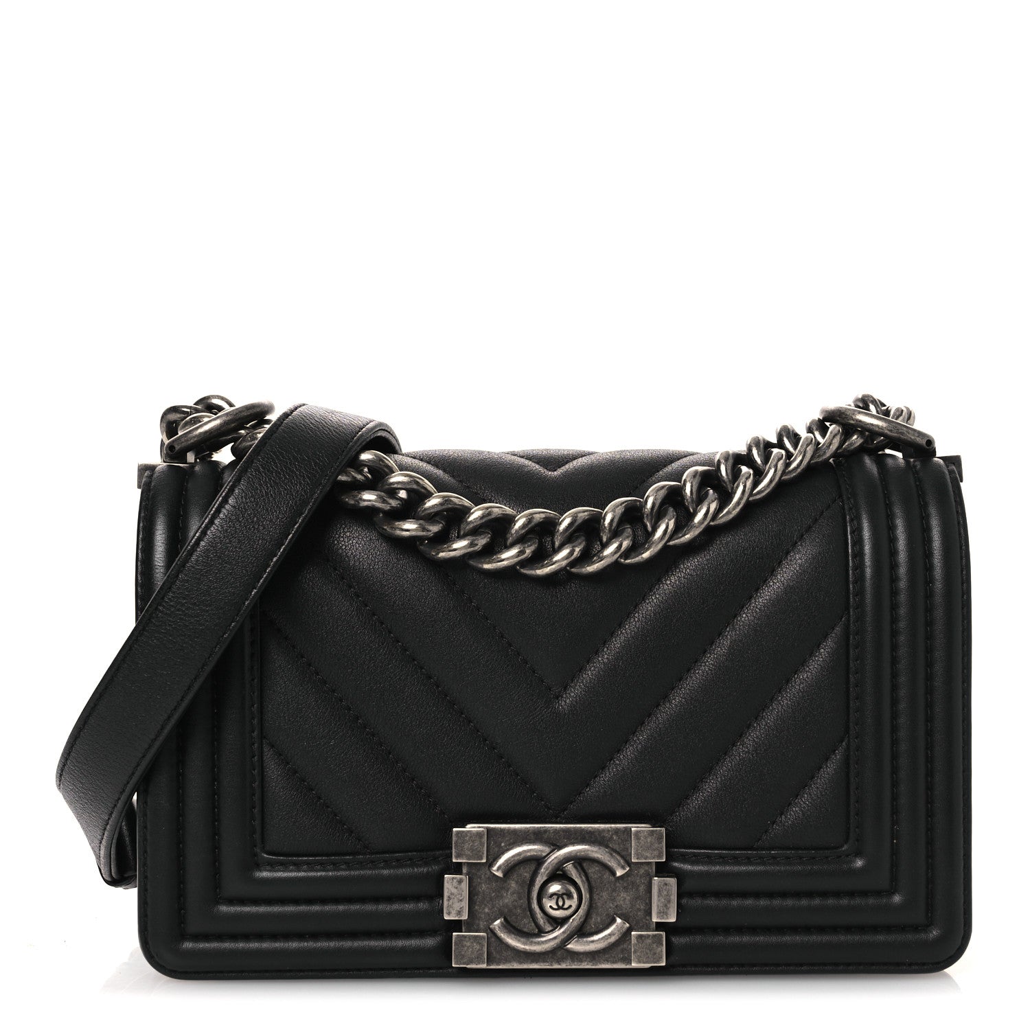 Lambskin Chevron Quilted Small Boy Flap Black
