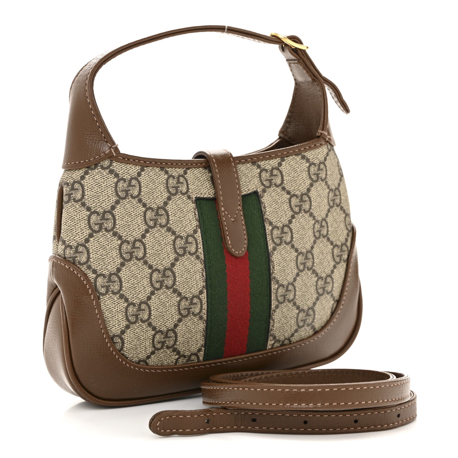 GG Supreme Monogram Azalea Calfskin Web Mini Jackie 1961 Hobo Beige Ebony Brown Sugar