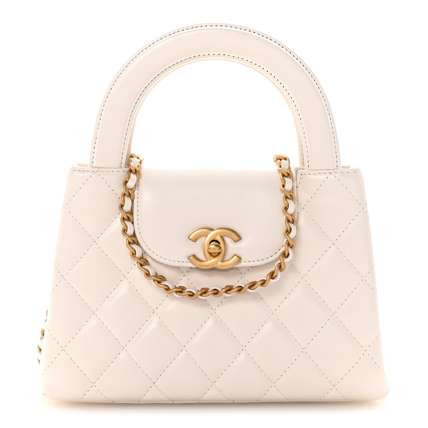 Shiny Aged Calfskin Quilted Nano Kelly Shopper White
