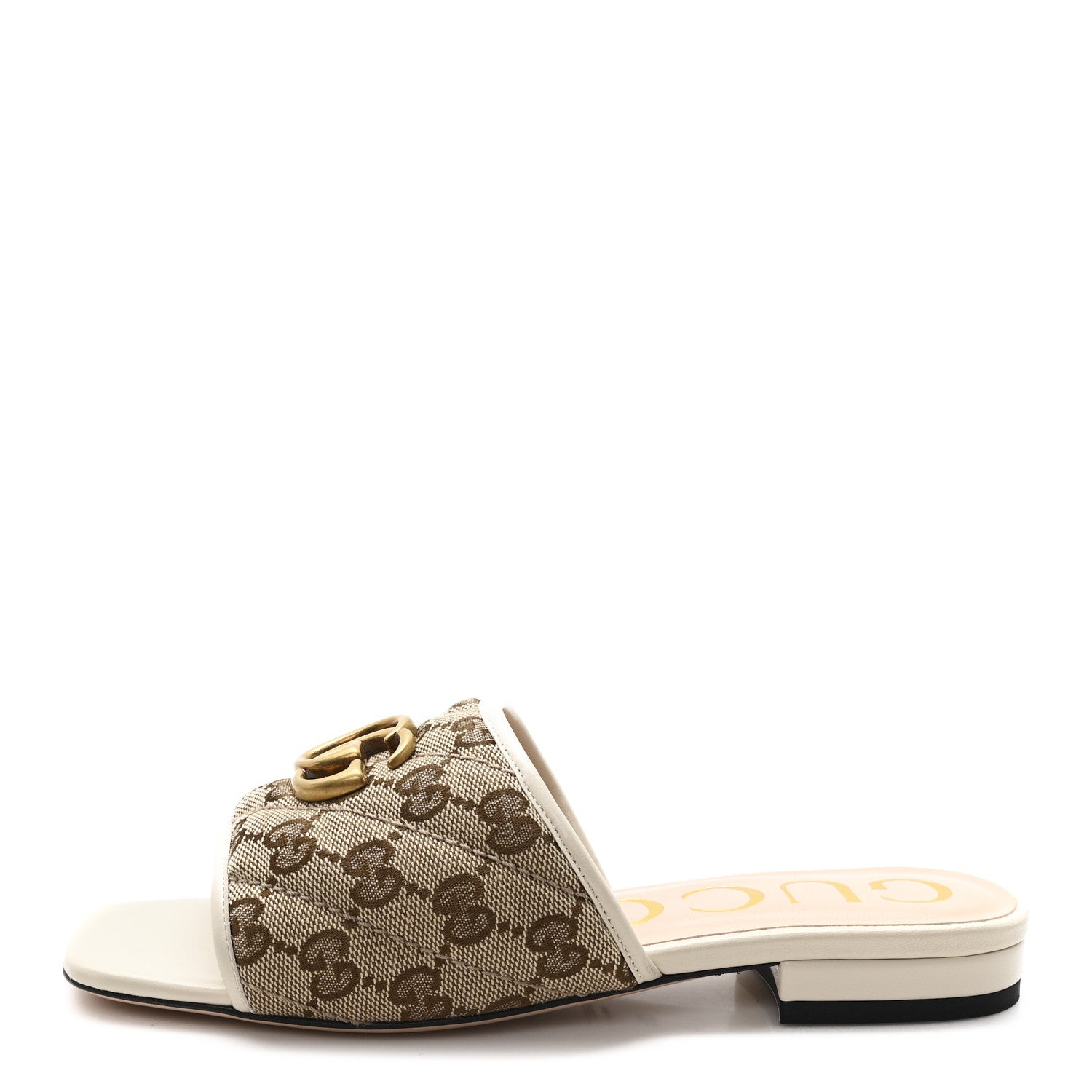 Monogram Matelasse Diagonal GG Marmont Flat Slide Sandals  35 Beige Ebony Mystic White