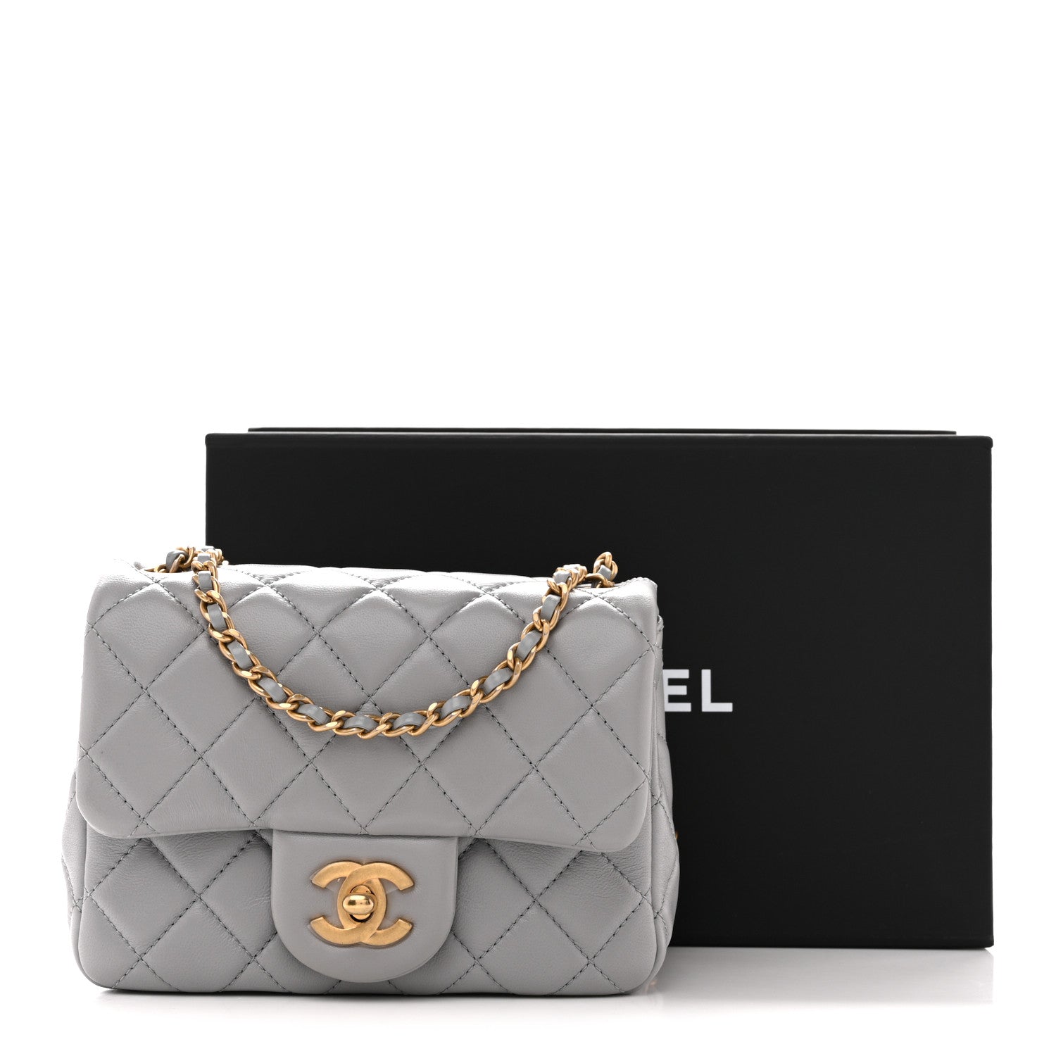 Lambskin Quilted Mini Pearl Crush Flap Light Grey