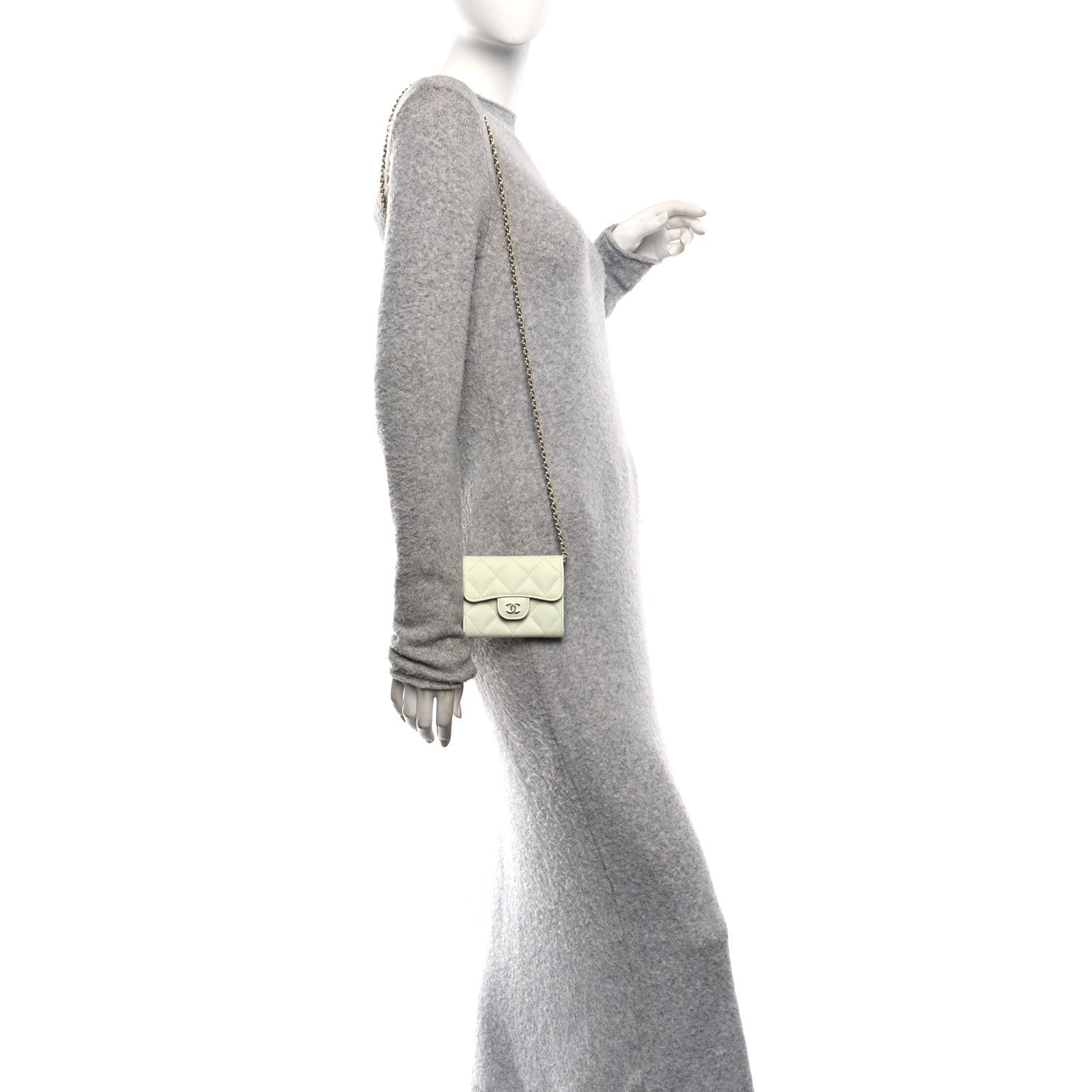 Caviar Quilted Flap Card Holder On Chain Light Green