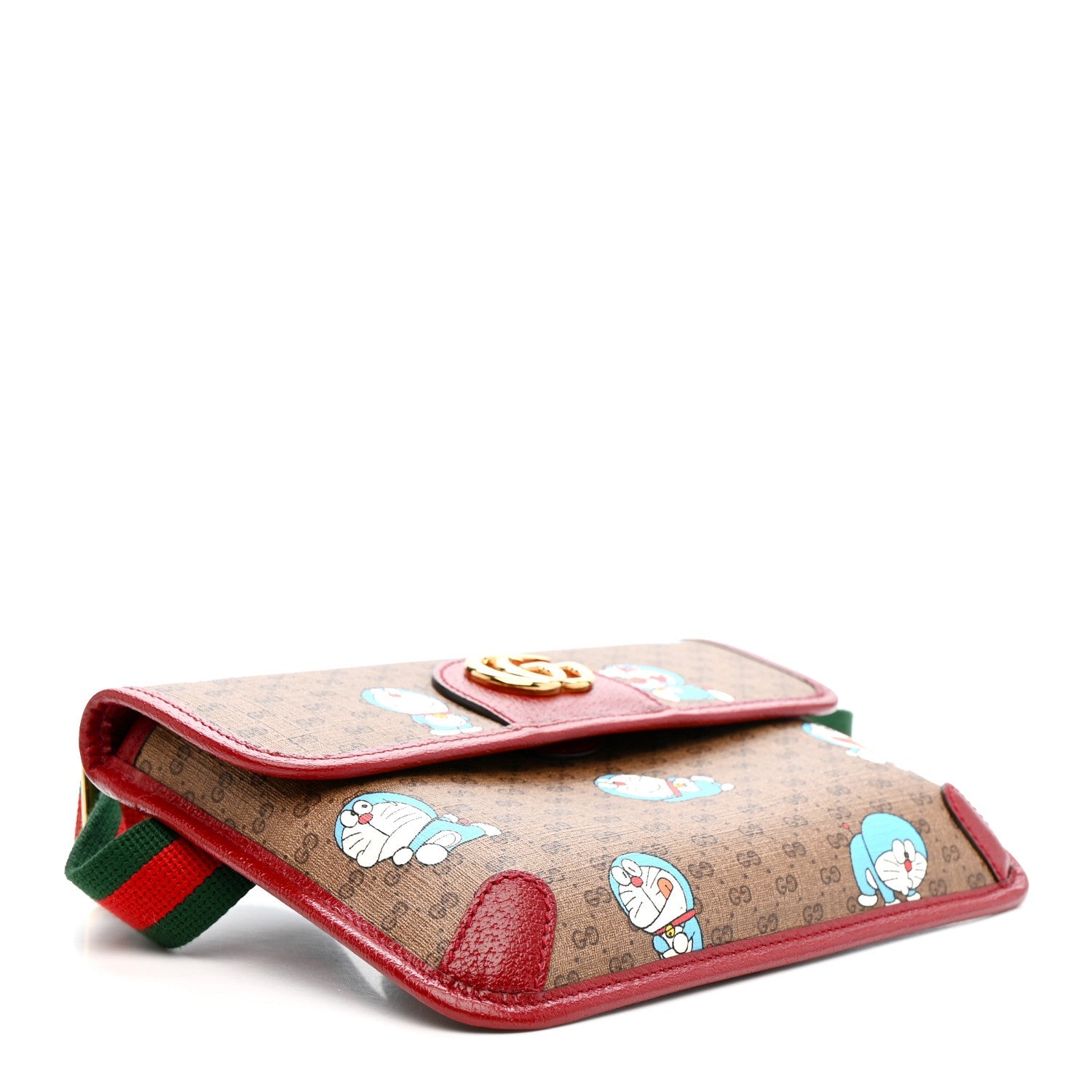 X DORAEMON Mini Vintage GG Supreme Monogram Web Slim Belt Bag Beige Cherry Red