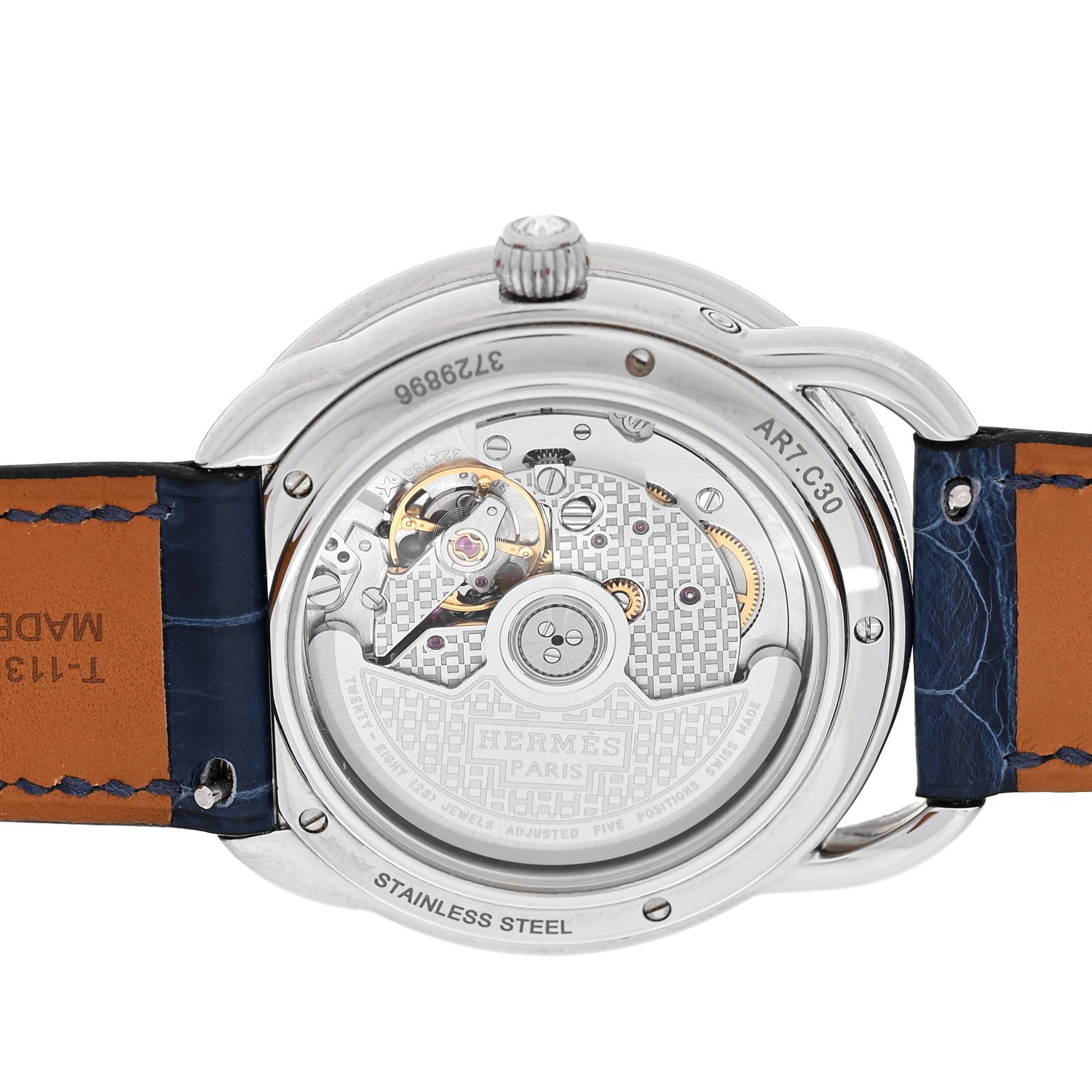 Stainless Steel Alligator Diamond Bezel Blue Mother of Pearl 38mm Arceau Petite Lune Automatic Watch Bleu Saphir