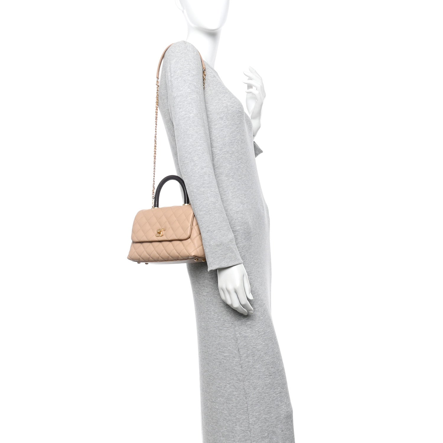 Caviar Lizard Embossed Quilted Mini Coco Handle Flap Beige