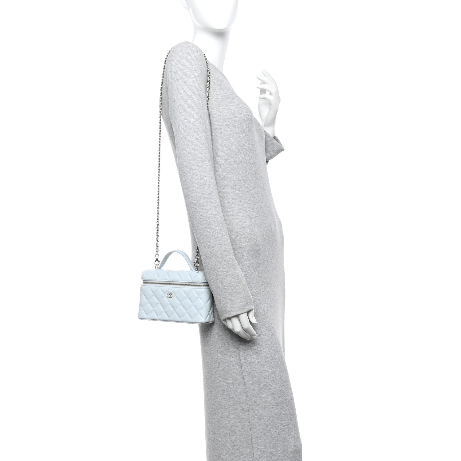 Caviar Quilted Top Handle Slim Vanity With Chain Light Blue