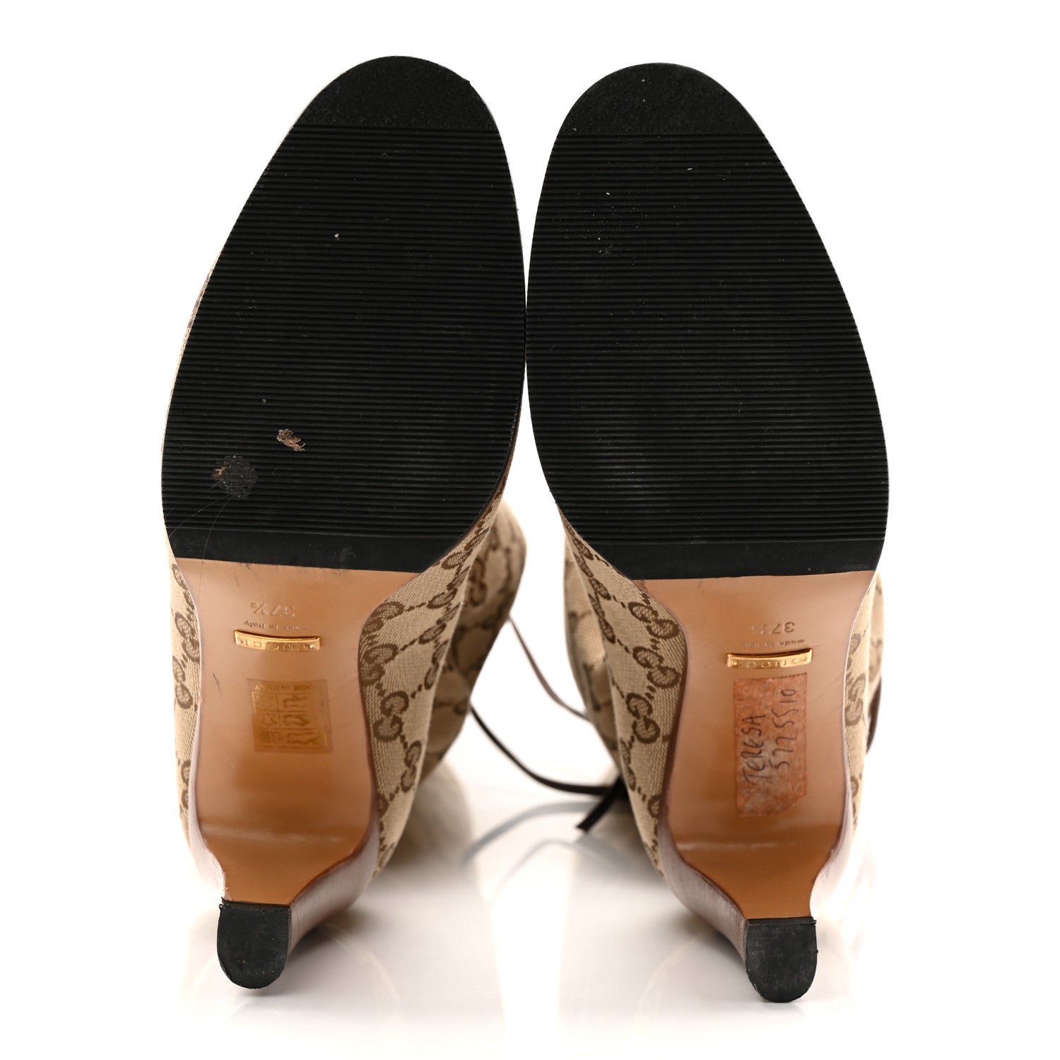 Monogram Malaga Kid Lisa Mid Heel Boots 37.5 Beige Ebony