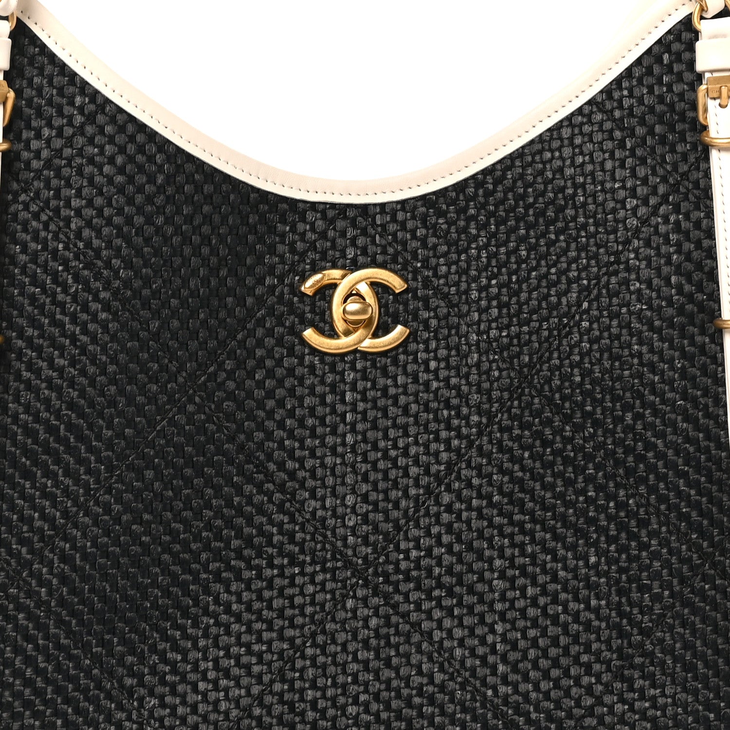 Calfskin Raffia Braided Small Shopping Tote Black White